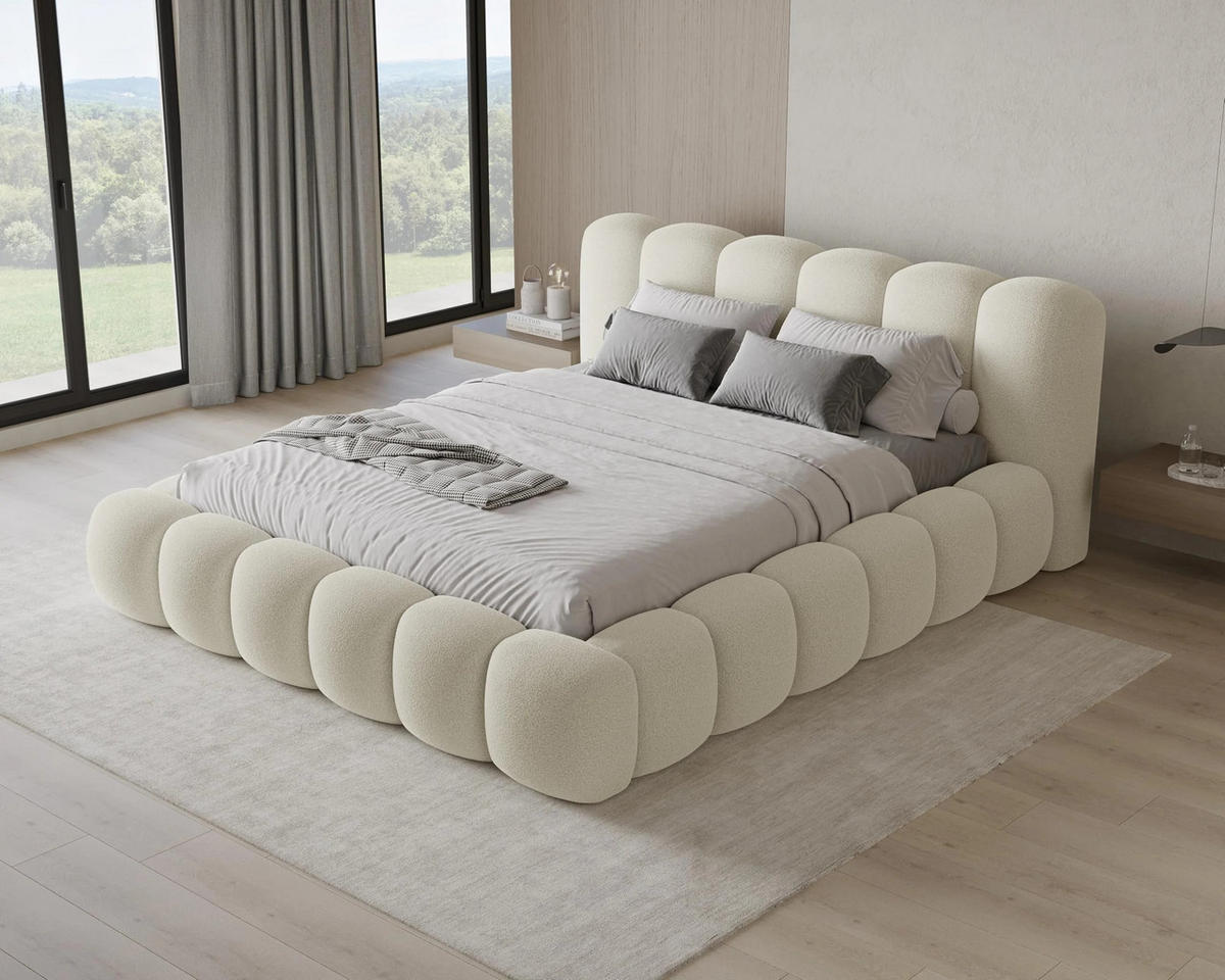 POLSTERBETT Stone 180x200 cm mit Bettkasten, Lattenrost und Kopfteil - Holzrahmen, Bouclé Beige - Beige, Holz (180/200cm) - Chilly