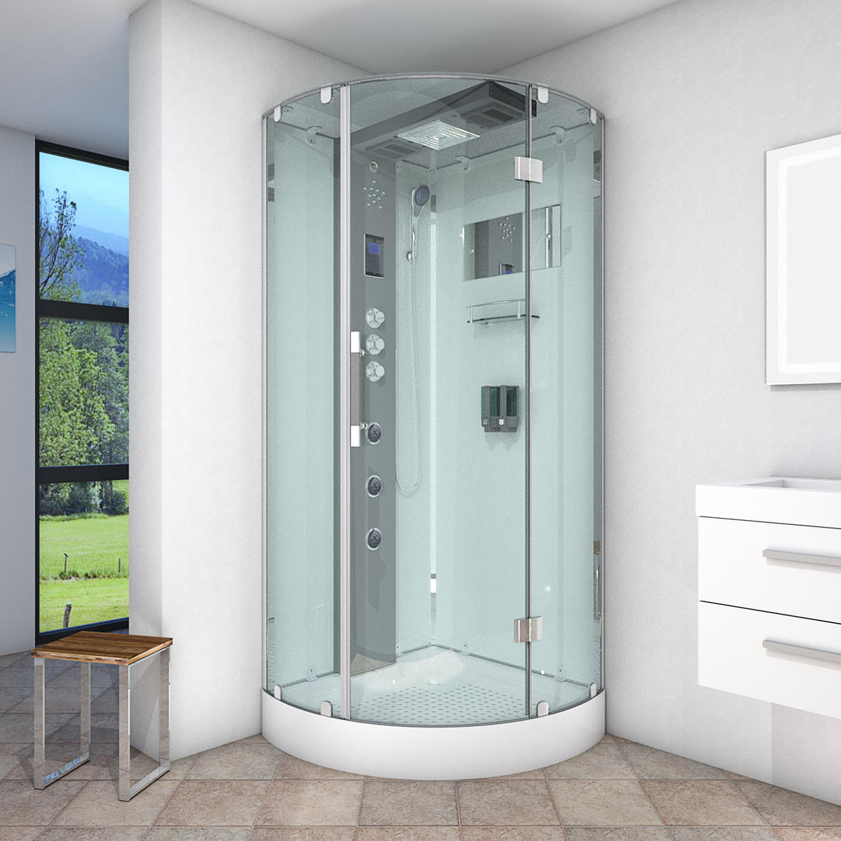 DUSCHKABINE Dusche D37-10R1 Weiß 90x90 - Weiß, Glas/Kunststoff (90/90/218cm) - AcquaVapore by Sandra Jentho