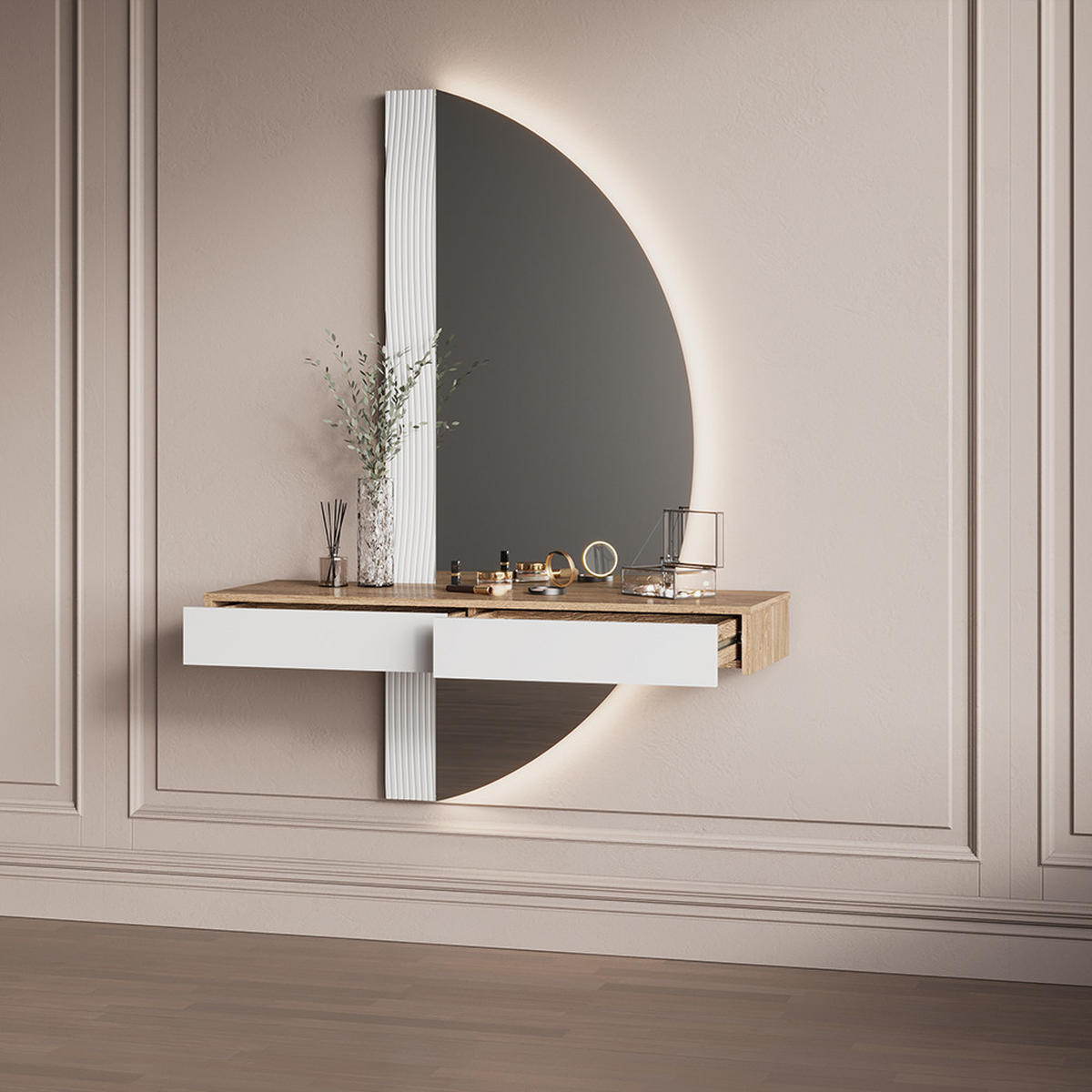 SCHMINKTISCH Ascona Weiß 120 cm mit LED Beleuchtung - Eichefarben/Weiß, Holzwerkstoff (120/161.1/40cm) - Livinity®