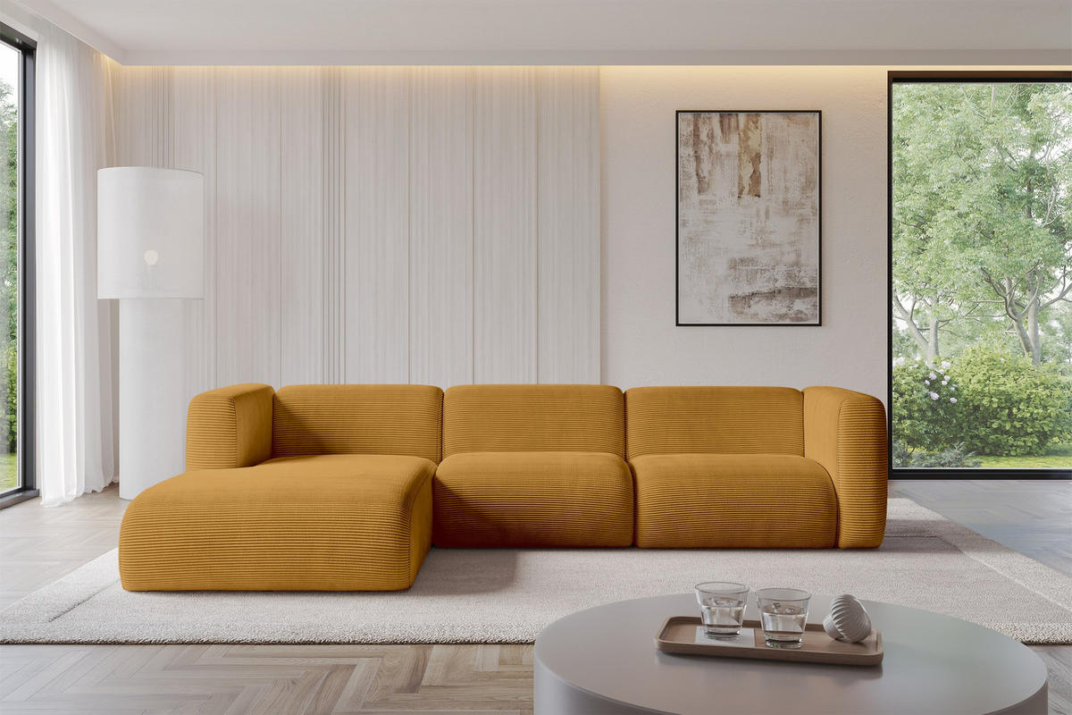 ECKSOFA Ottomane Links MIRA-L2 318x179x89 Senfgelb Cord - Currygelb/Schwarz, Holzwerkstoff/Kunststoff (318/179cm) - ALTDECOR