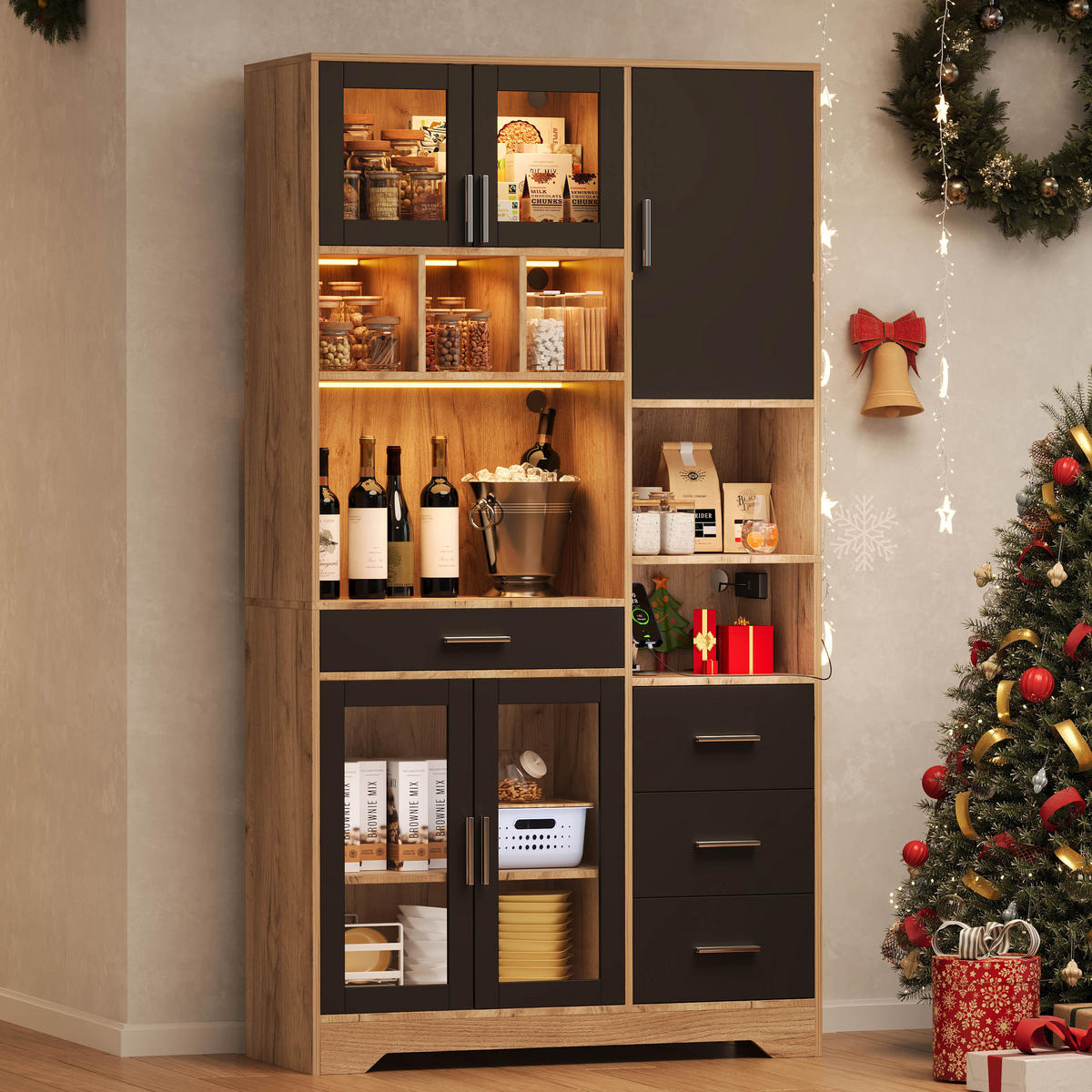 BUFFET 100/40/185 cm Natürlich mit farbwechselnde LED-Leuchten und 4 Schubladen - Naturfarben, Holz (100/185/40cm) - Oxeza