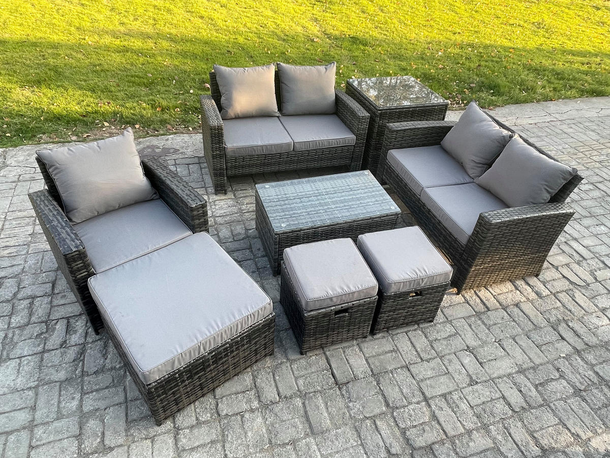 GARTENSOFA SET mit Couchtisch Polyrattan Dunkelgrau 8-Sitzer - Dunkelgrau, Metall - Fimous