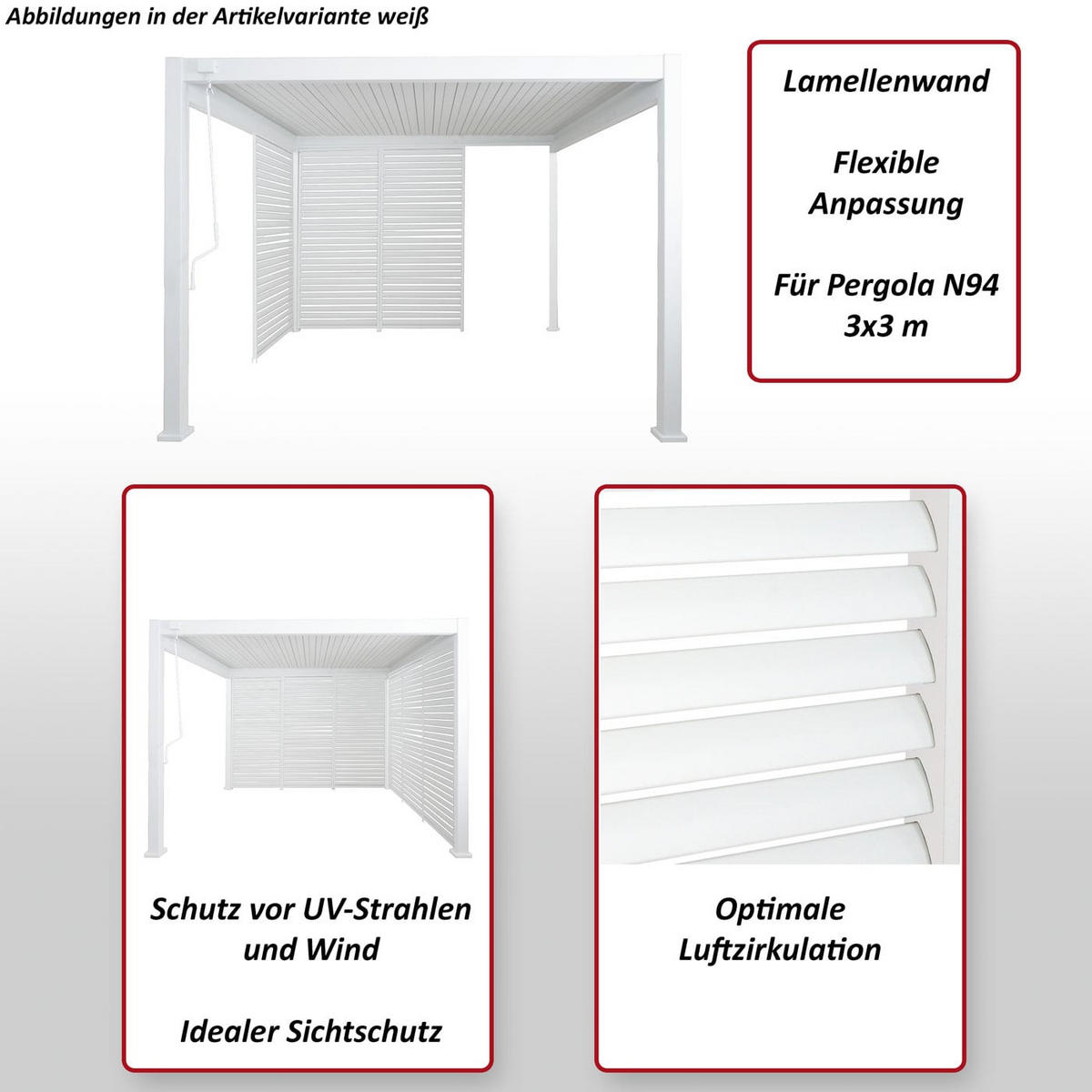 LAMELLENWAND für Pergola 3x3m 213x94cm Weiß - Weiß, Metall (94/213/15cm) - BERLINLODGE