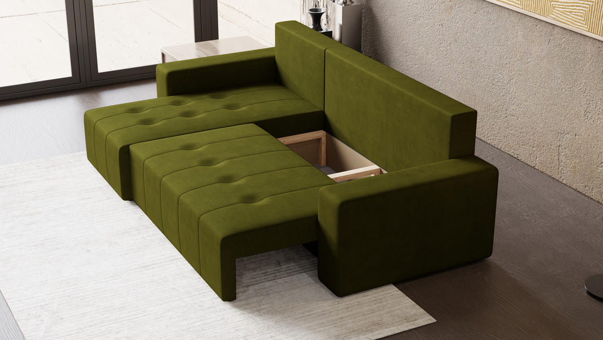 ECKSOFA Tico mit Bettkasten und Schlaffunktion, L-Form/XL-Form, Velourstoff, Universal - Olivgrün, Holzwerkstoff (246/145cm) - 4ALL HOME