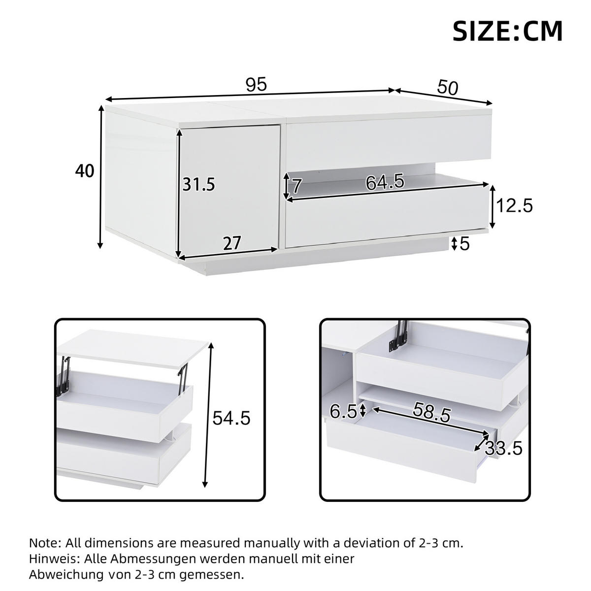 KONFERENČNÍ stolek 90/50/34,5 cm bílý, s LED a zvedací deskou - bílá, kompozitní dřevo (90/50/34.5cm) - BEAOK