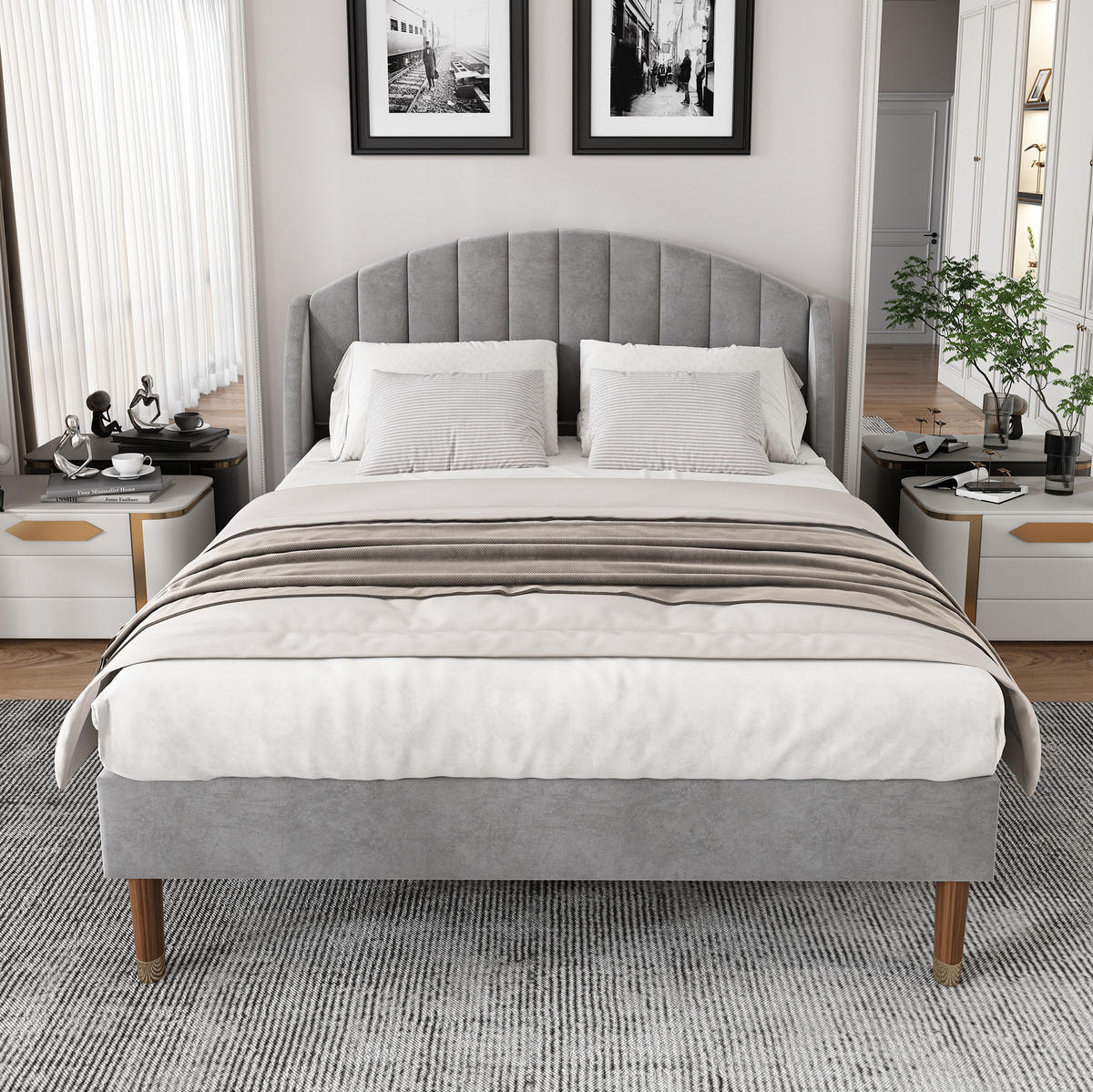 SAMT-POLSTERBETT 140/200 cm in Grau mit gepolstertem Kopfteil & inkl. Lattenrost - Grau, Textil (140/200cm) - BEAOK