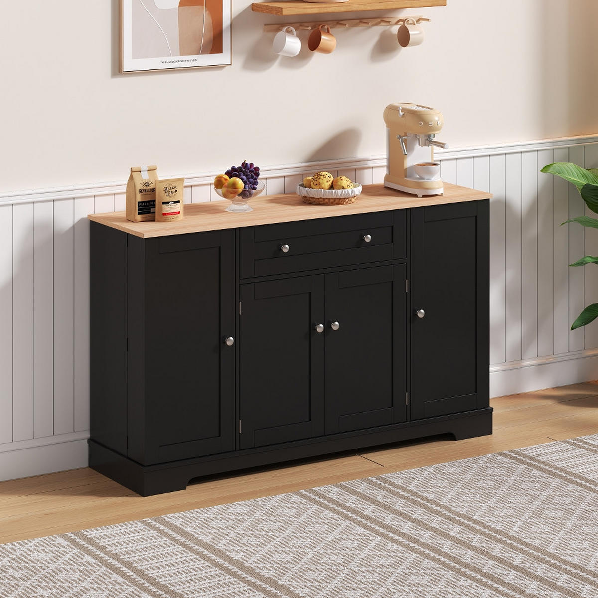 KÜCHENINSEL KÜCHENBUFFET MIT SCHUBLADE UND REGALTÜREN, Modernes Design, Kippschutz, 138 cm - Schwarz, Kunststoff (40/90/138cm) - Rolipo