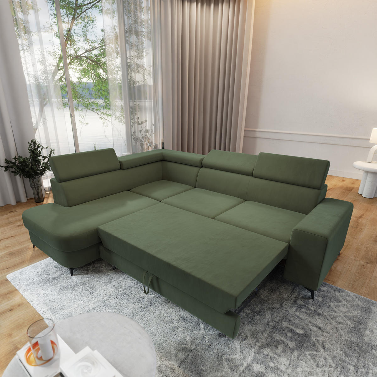 ECKSOFA ALVORO L-S Grün Velours-Stoff mit Schlaffunktion - Grün, Holz (253/190cm) - MASSENO