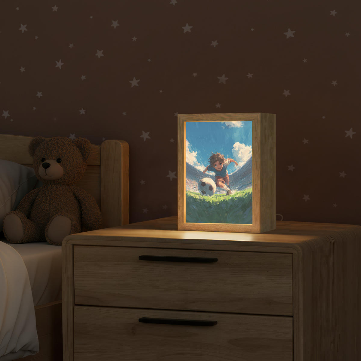 NACHTTISCHLAMPE Stadion - Fußballer - Ball 15x20 cm - Blau, Holzwerkstoff (8/15/20cm)