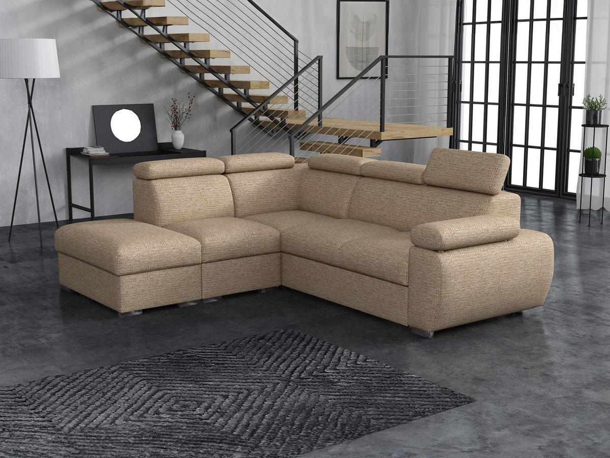 ECKSOFA Boston 2RR1P, Seite: Links PUFAP+R+1P(65)+2R - Hellbraun/Silberfarben, Holz/Textil (260/230cm) - MIRJAN24
