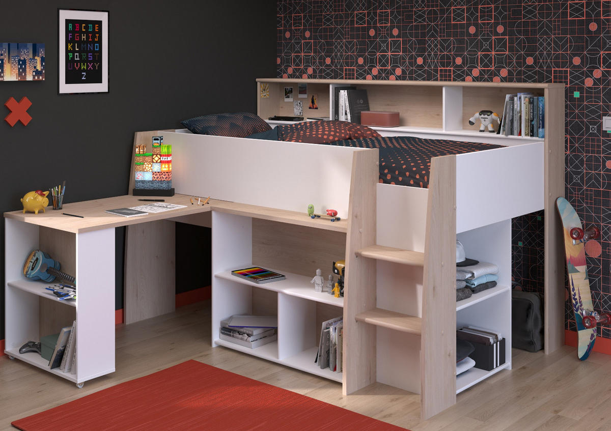 HOCHBETT Jugendzimmer Bett 90 x 200 mit Schreibtisch ausziehbar - Multicolor, Holz/Holzwerkstoff (200/90cm) - Parisot Meuble