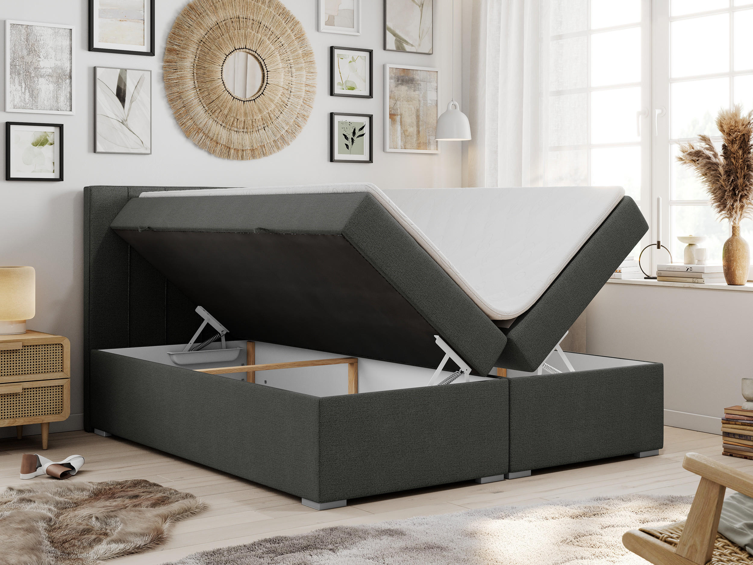 Thumbnail - MKS Boxbett, Dunkelgrau, Textil, 2-Sitzer, H3, Rechteckig, 140x200 cm, Schlafzimmer, Betten, Boxspringbetten