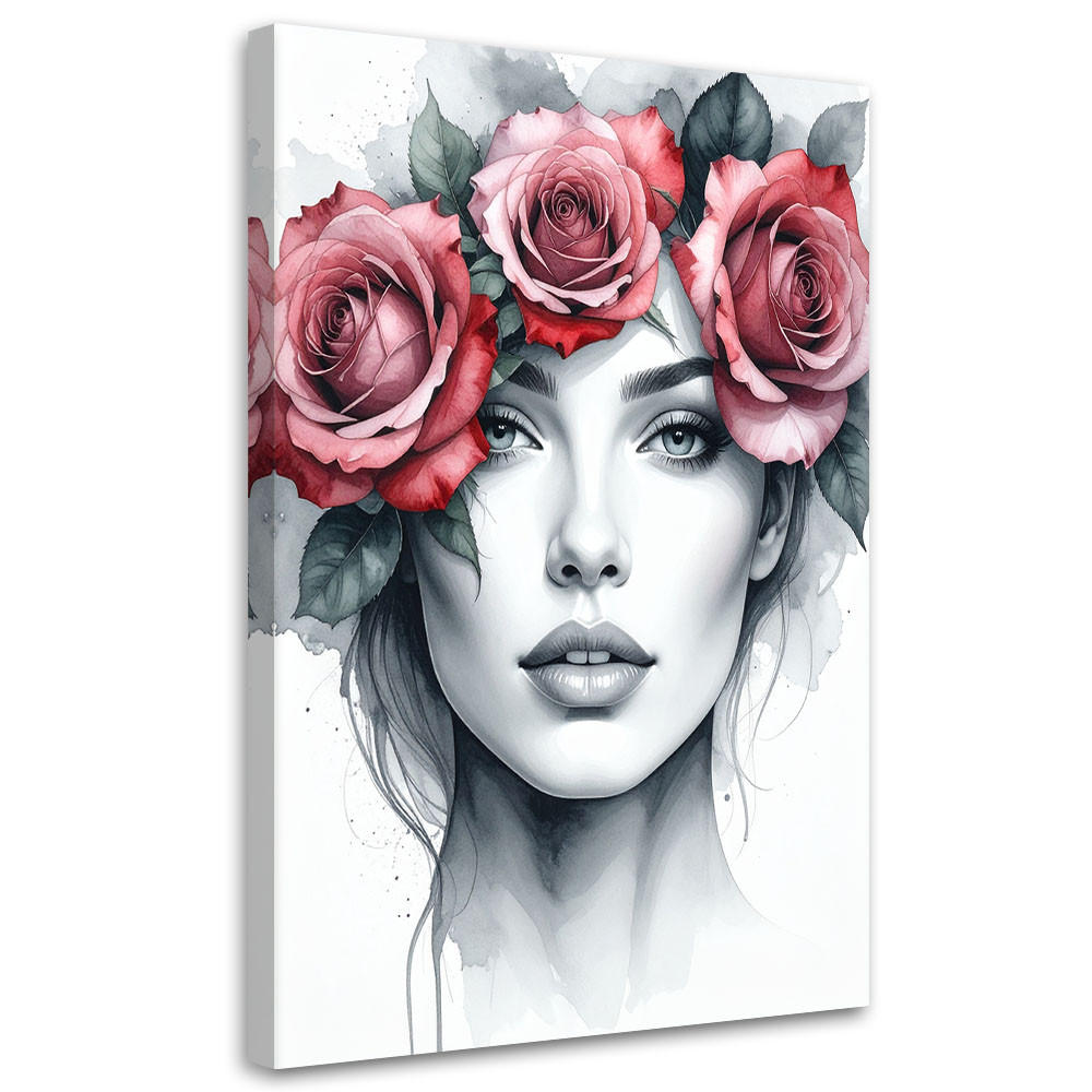 LEINWANDBILD Porträt einer Frau mit Rosenblüten auf dem Kopf 80x120cm - Grau, Textil (80/120cm) - Feeby