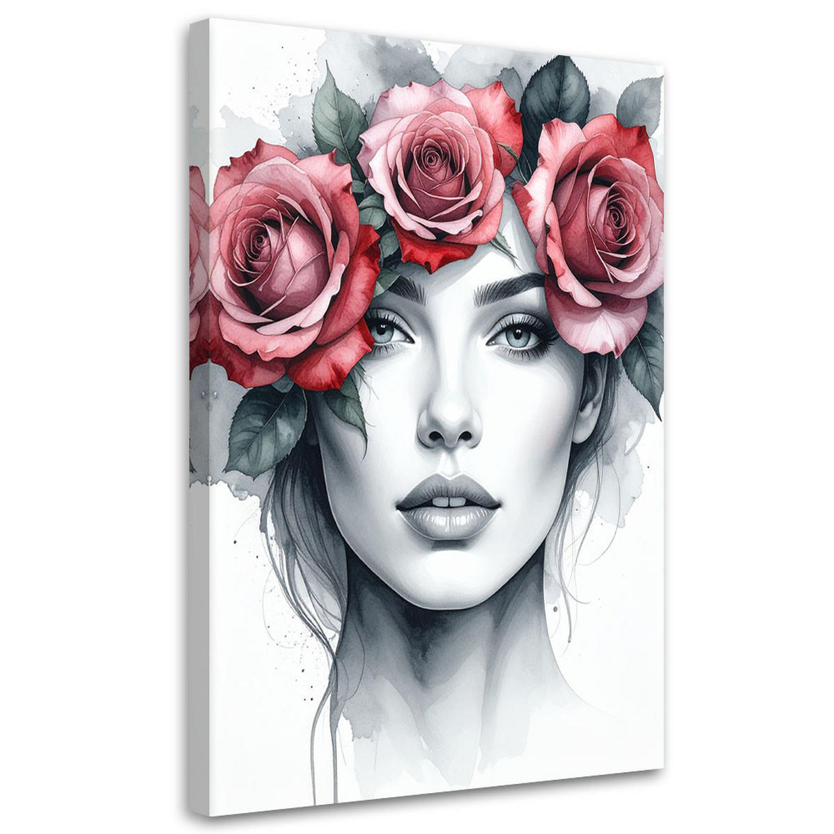 LEINWANDBILD Porträt einer Frau mit Rosenblüten auf dem Kopf 80x120cm - Grau, Textil (80/120cm) - Feeby