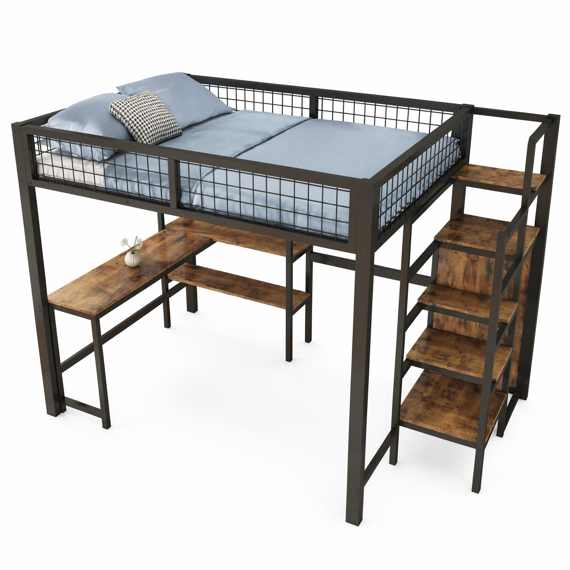 HOCHBETT 140/200 cm Schwarz aus Metall und MDF mit Schreibtisch und Kleiderschrank - Schwarz, Metall (140/200cm) - OKMYHOME