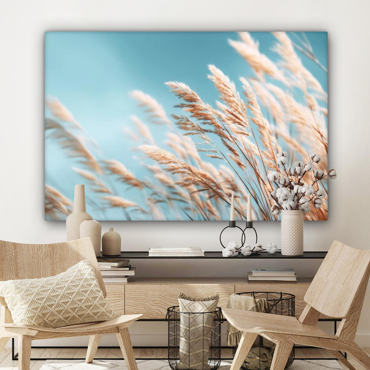 LEINWANDBILD Ziergras - Wind - Hellbraun XXL 150x100 cm - Hellblau, Textil (150/100cm) - MuchoWow