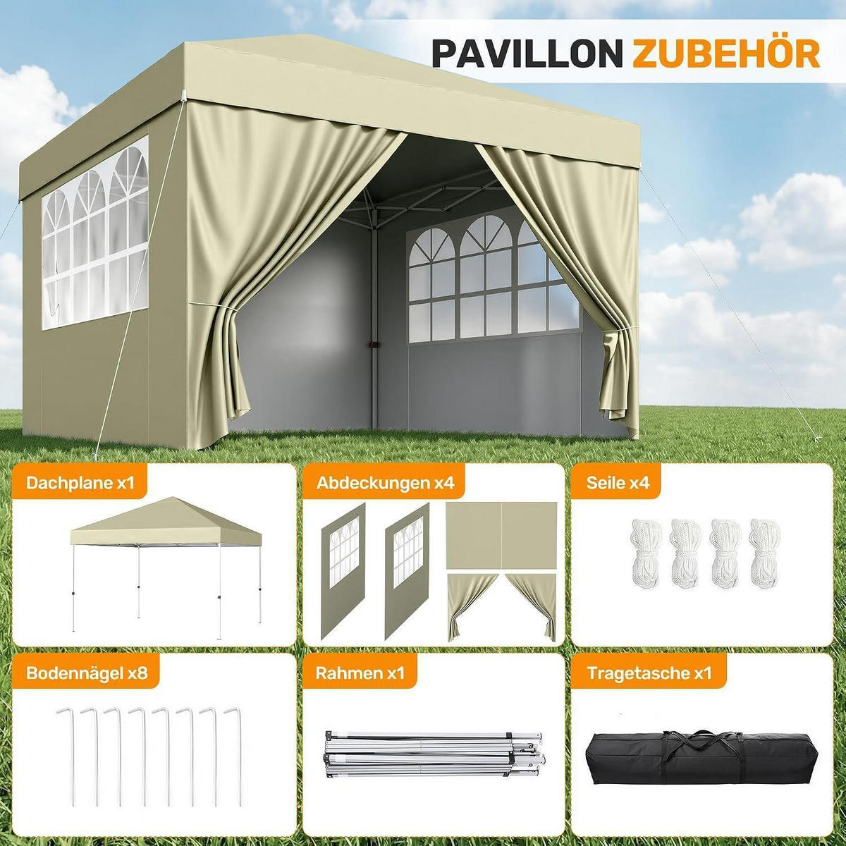 GARTENPAVILLON 3x3m Wasserdicht UV-Schutz 50+ Beige mit 4 Seitenteilen - Beige, Textil (300/265/300cm)