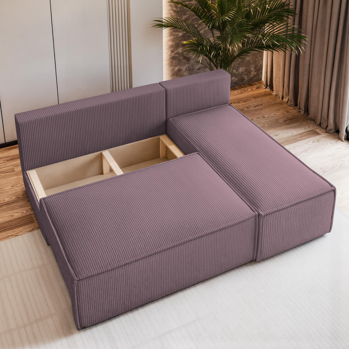 ECKSOFA BRISO P Lila Kordstoff mit Schlaffunktion - Lila, Holz (200/140cm) - MASSENO