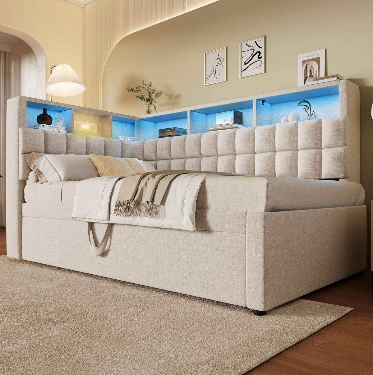 ČALÚNENÁ posteľ z ľanovej zmesi 90x200 cm béžová s výsuvným lôžkom, LED osvetlením, Bluetooth a USB/Type-C nabíjaním - béžová, textil (90/200cm) - Modfu