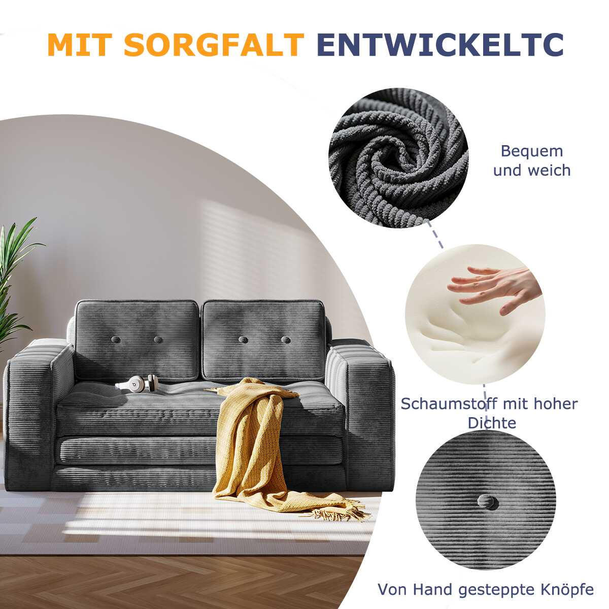 SOFA 2-Sitzer, 143 CM, mit 2 Kissen und Armlehnen,für Wohnzimmer, Schlafzimmer,aus Cord,Grau - Grau, Textil (92/42/143cm)