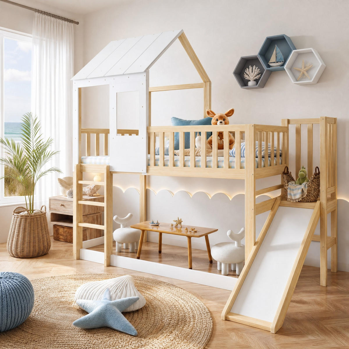 HAUSBETT 90/200 mit Dach, Rutsche und Fallschutz in Natur + Weiß - Weiß/Naturfarben, Holzwerkstoff (90/200cm) - EVRYAE