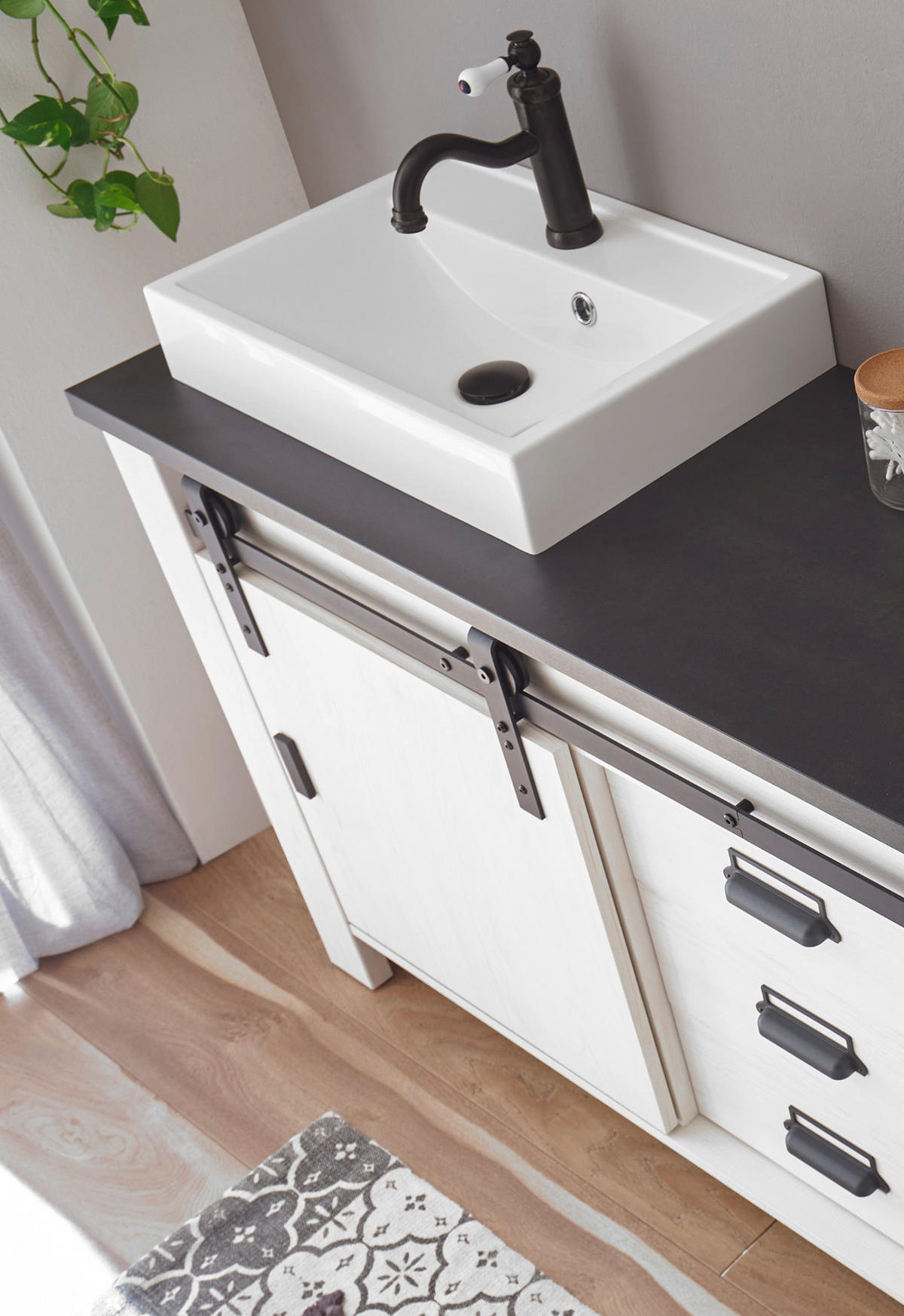 BADMÖBEL-SET 5-teilig weiß Pinie, anthrazit Landhaus, Badkombination mit Waschbecken und Spiegellampe - Anthrazit/Weiß, Holzwerkstoff/Metall (166/210/43cm) - Furn.Design