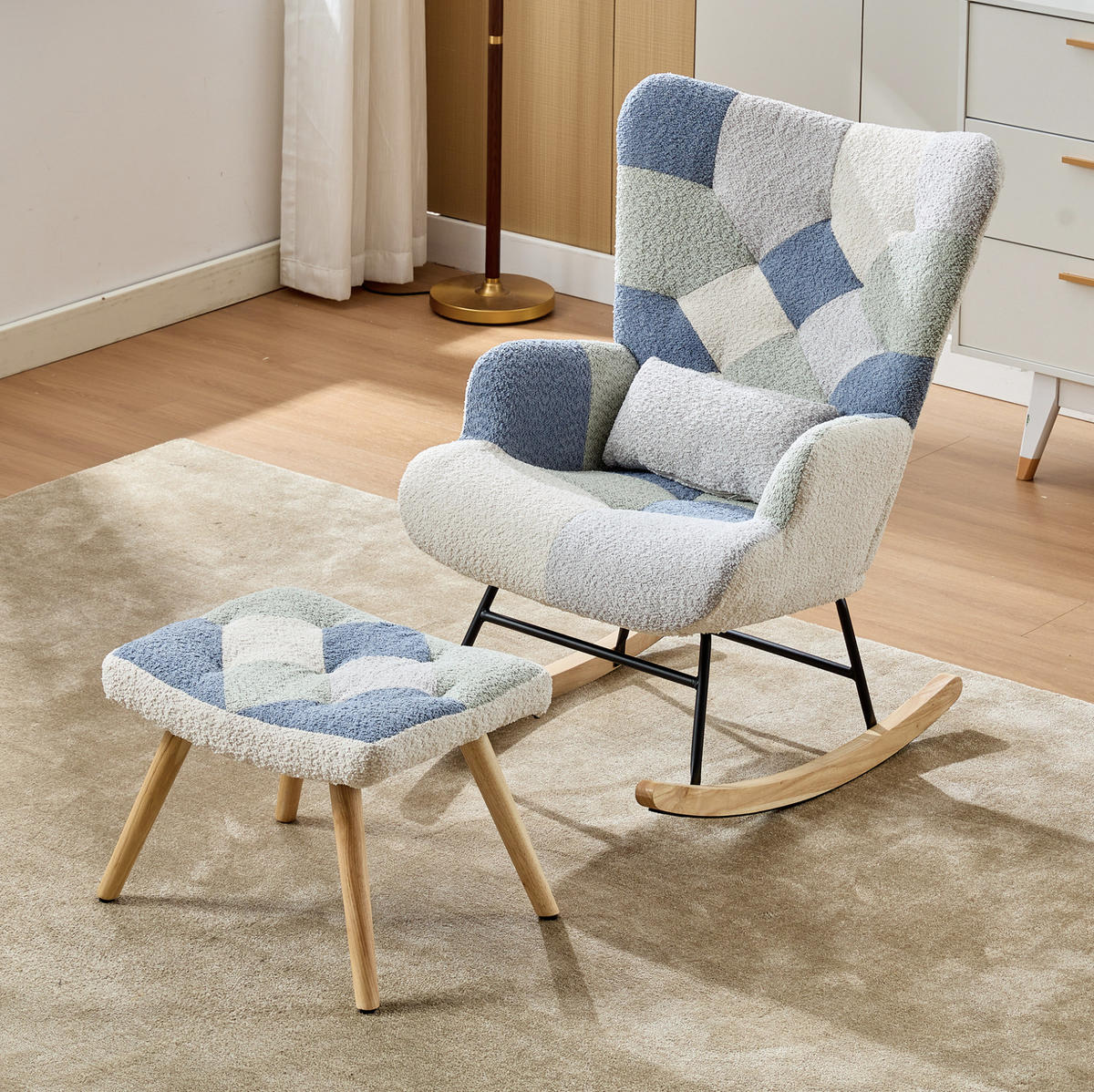 SCHAUKELSTUHL 122/68/91 cm in Beige/Blau mit Fußhocker und Wippfunktion - Multicolor, Textil (68/91/122cm) - Flora Grace