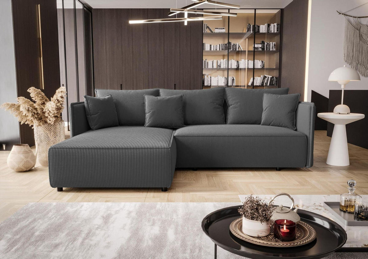 ECKSOFA MILANO links dunkelgrau Cord Poso 60 - Schlaffunktion, Bettkasten - Anthrazit, Textil (245/185cm) - Cornero
