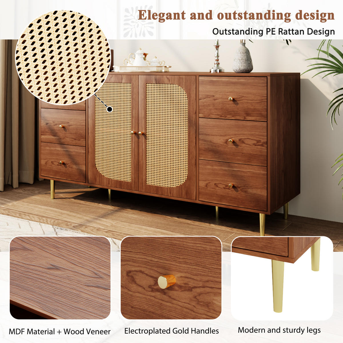 SIDEBOARD Rattan Braun 160cm Aufbewahrungsschrank Schublade - Naturfarben, Holzwerkstoff (160/90/40cm) - FLIEKS