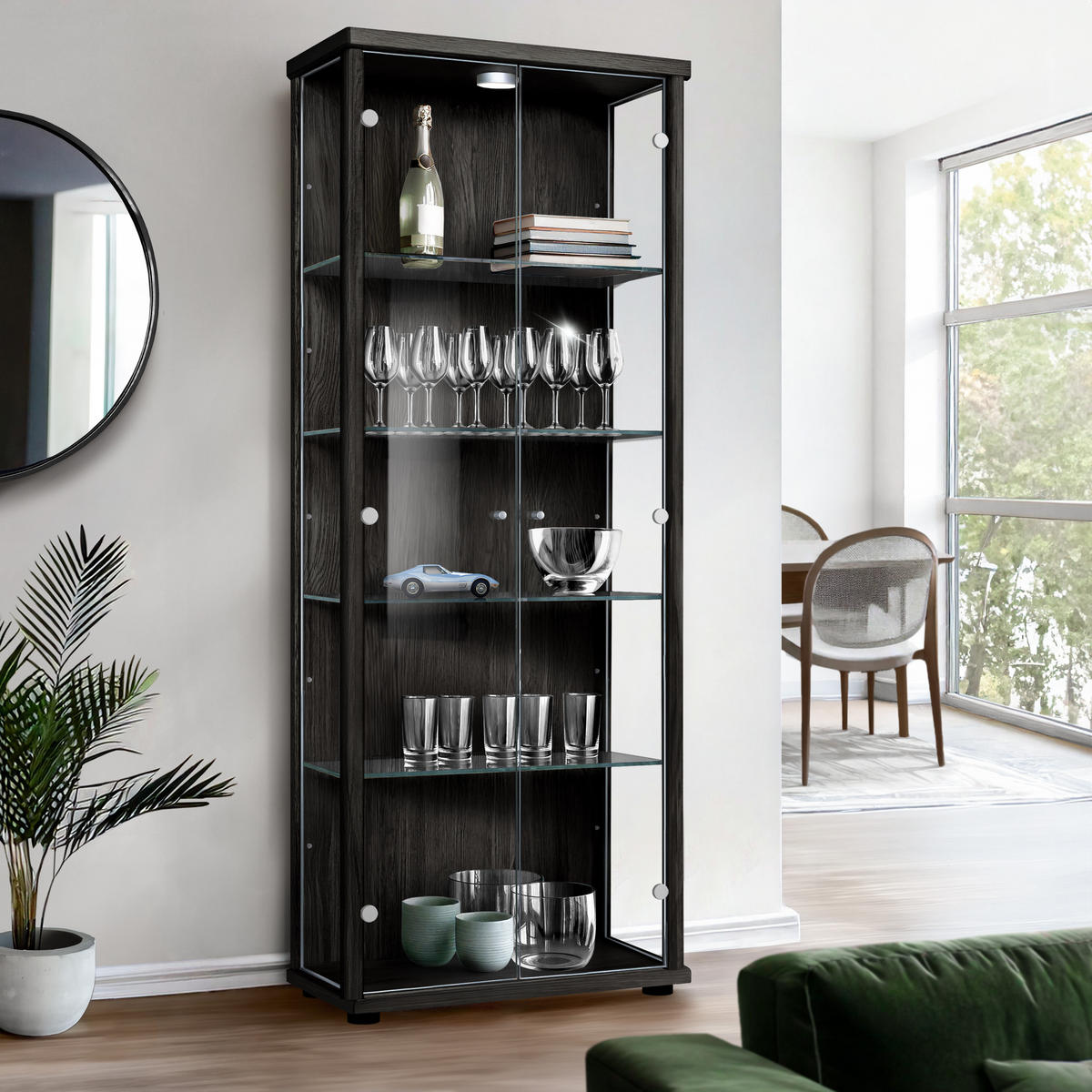 GLASVITRINE 33/67/176 cm mit LED & 4 höhenverstellbaren Glasböden - Transparent/Silberfarben, Glas/Holzwerkstoff (67/176/33cm) - K-Möbel