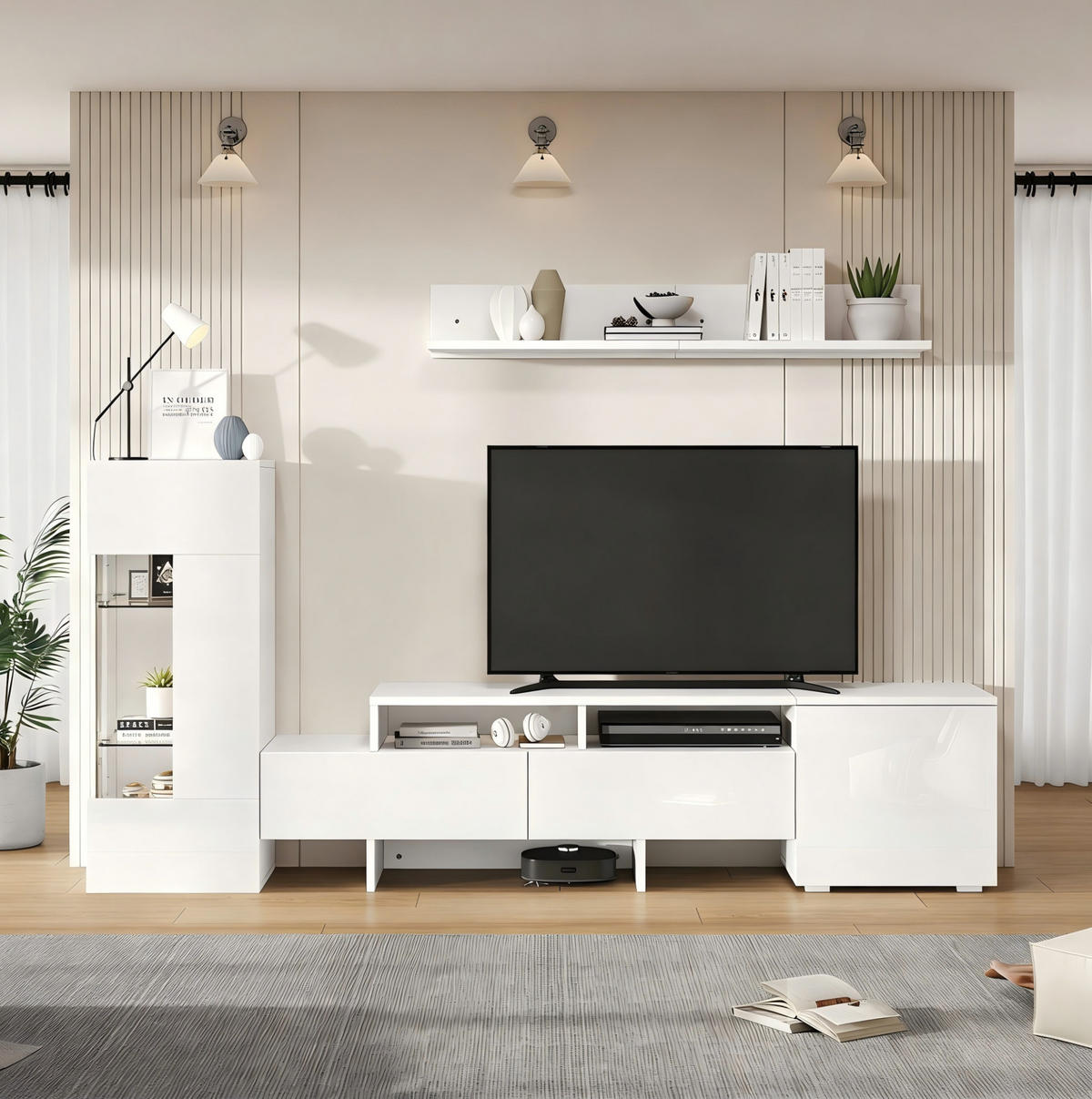 TV-WOHNWAND 3-teilig aus Spanplatte, Acryl und Glas Weiß mit LED-Beleuchtung und Stauraum - Weiß, Holzwerkstoff (170/45/35cm) - IVMEU