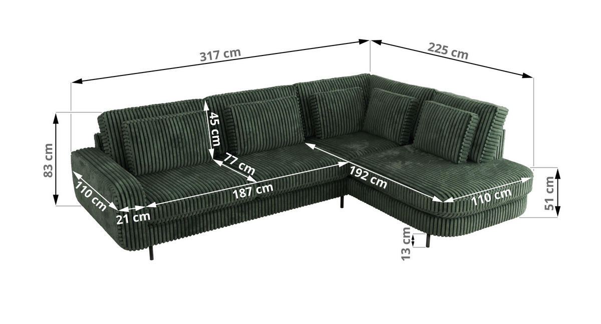ROHOVÁ SEDAČKA CALENO L - Zelený Manšestr - Levá Strana - černá/tmavě zelená, kov/textil (317/225cm) - MKS