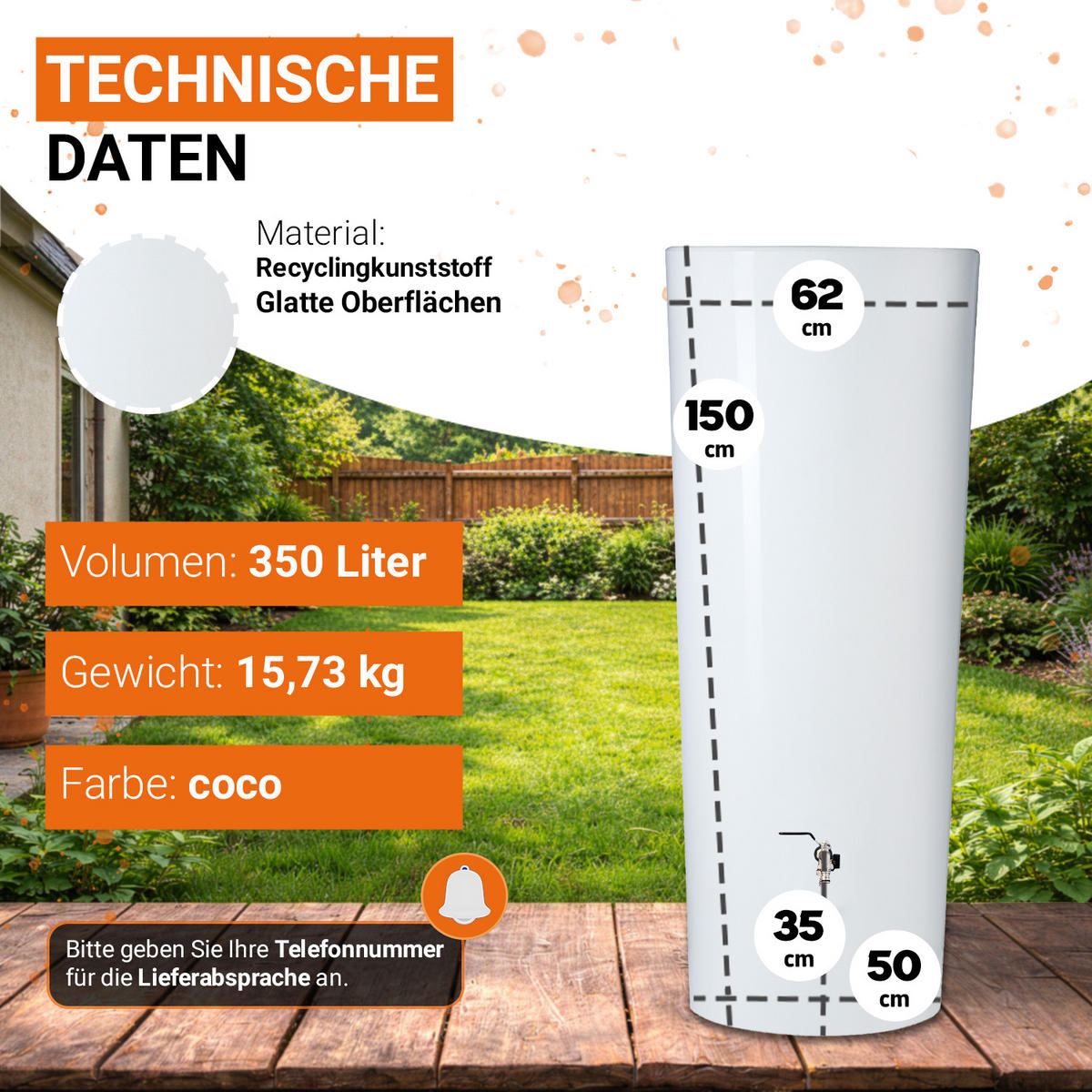 2IN1 Regentonne Komplett-Set 350 L, coco inkl. Chrom-Doppelauslaufhahn und Fallrohranschluss - Weiß, Kunststoff (62/150/80cm) - GARANTIA