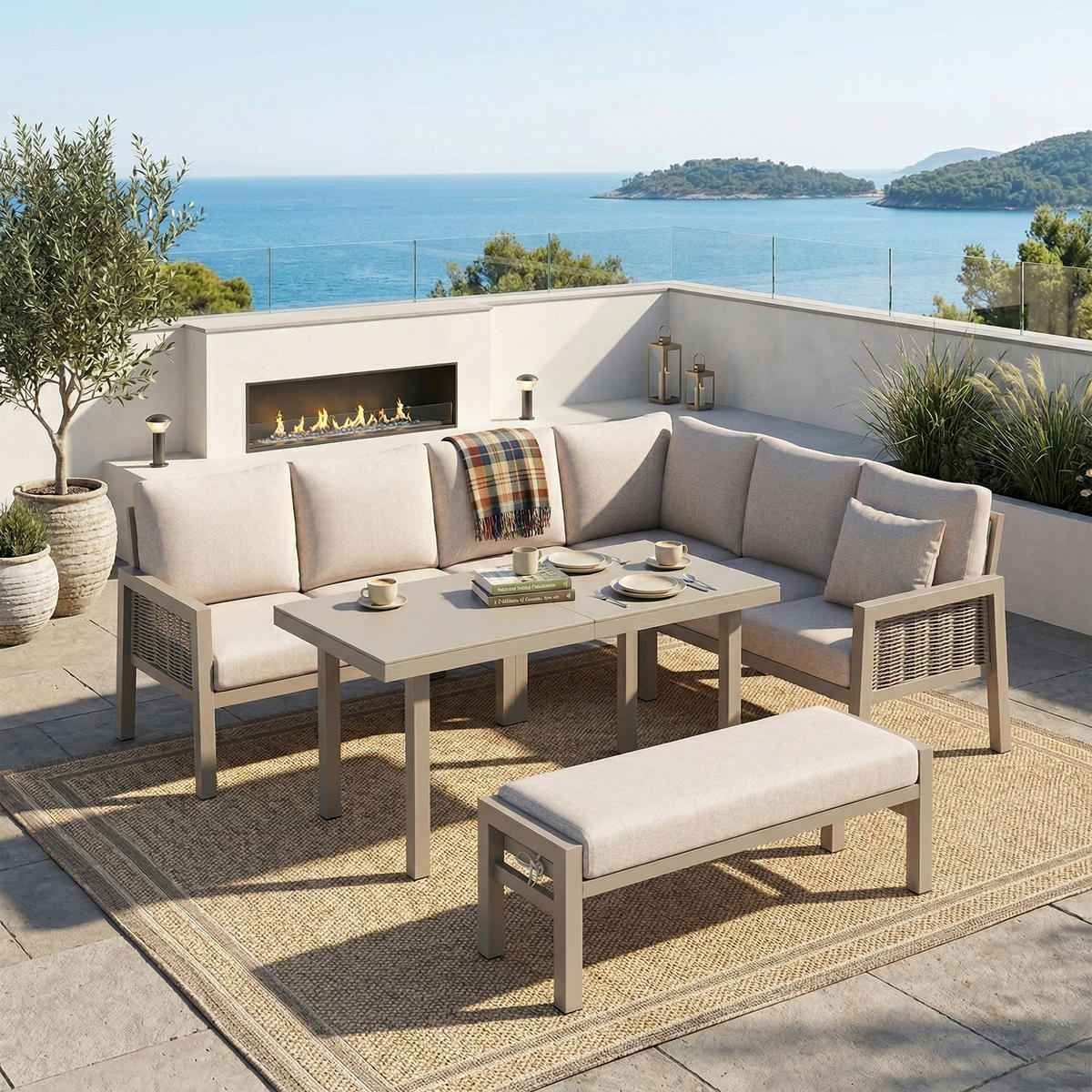 GARTEN-ESSGRUPPE 8 Personen Eckstellung Glastisch Khaki - Hellbraun, Textil - FLIEKS