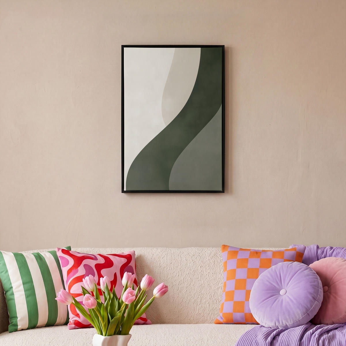 LEINWAND Bilder mit Rahmen - Japandi - Grün - Abstrakt - Modern - 40x60 - Salbeigrün, Textil (40/60cm) - MuchoWow