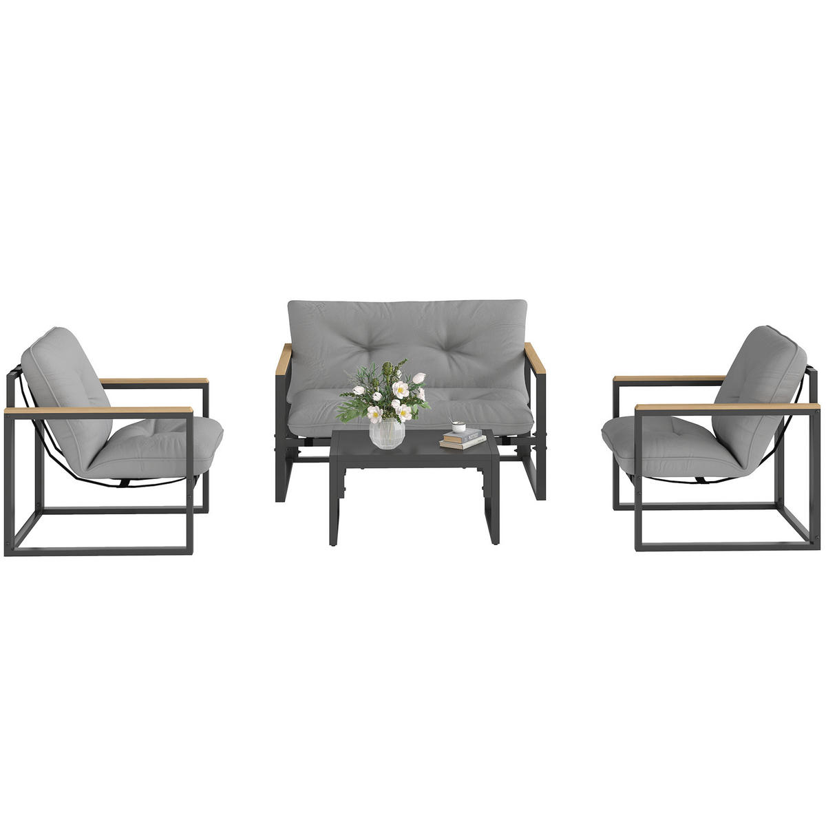 GARTENMÖBEL-SET DE-06542 4-tlg. mit Sofa & Sesseln Hellgrau - Hellgrau, Textil/Metall - ComfortXL