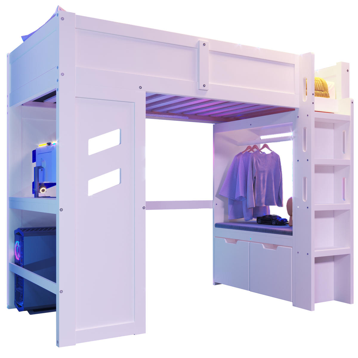 HOCHBETT 90/200 cm weiß mit Schreibtisch und LED-Beleuchtung - Weiß, Holz (90/200cm) - OKWISH