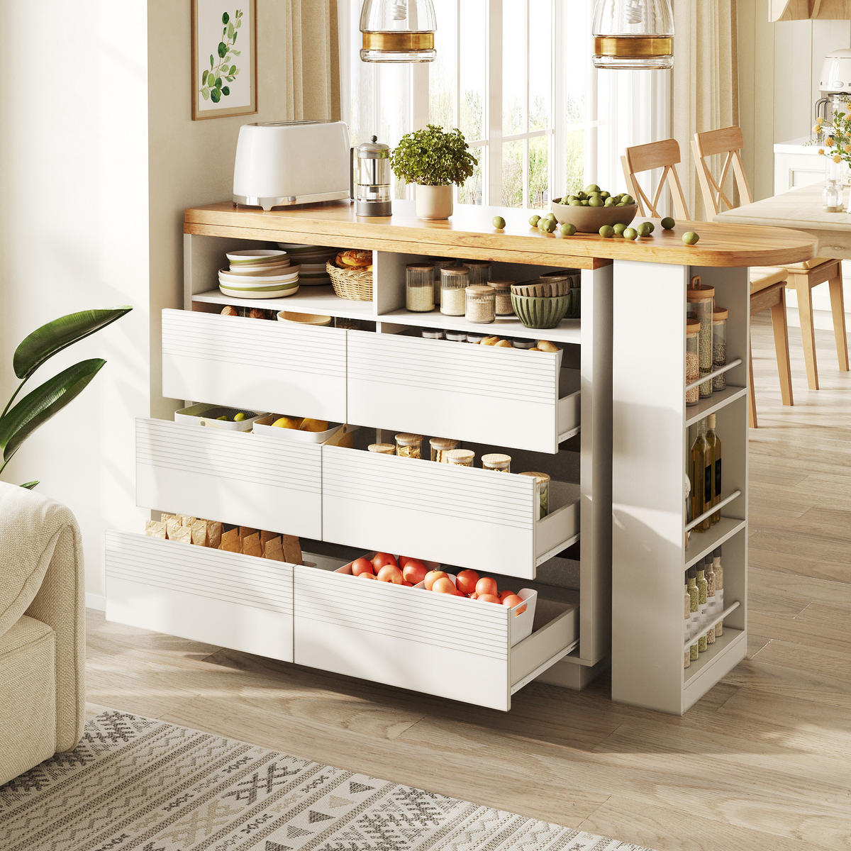 BARTISCH Ausziehbar 137-215x39x102cm 6 Schubladen Stauraum - Weiß, Holzwerkstoff (39/137/102.3cm) - FLIEKS