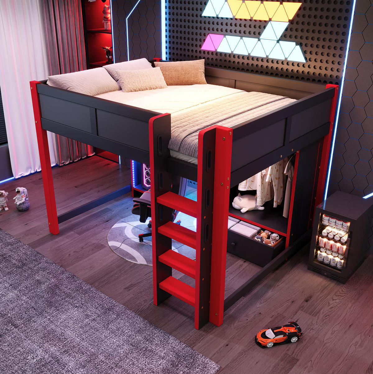 HOCHBETT 140/200 cm Schwarz/Rot aus Holz mit LED-Beleuchtung und Schreibtisch - Schwarz, Holz (140/200cm) - OKMYHOME