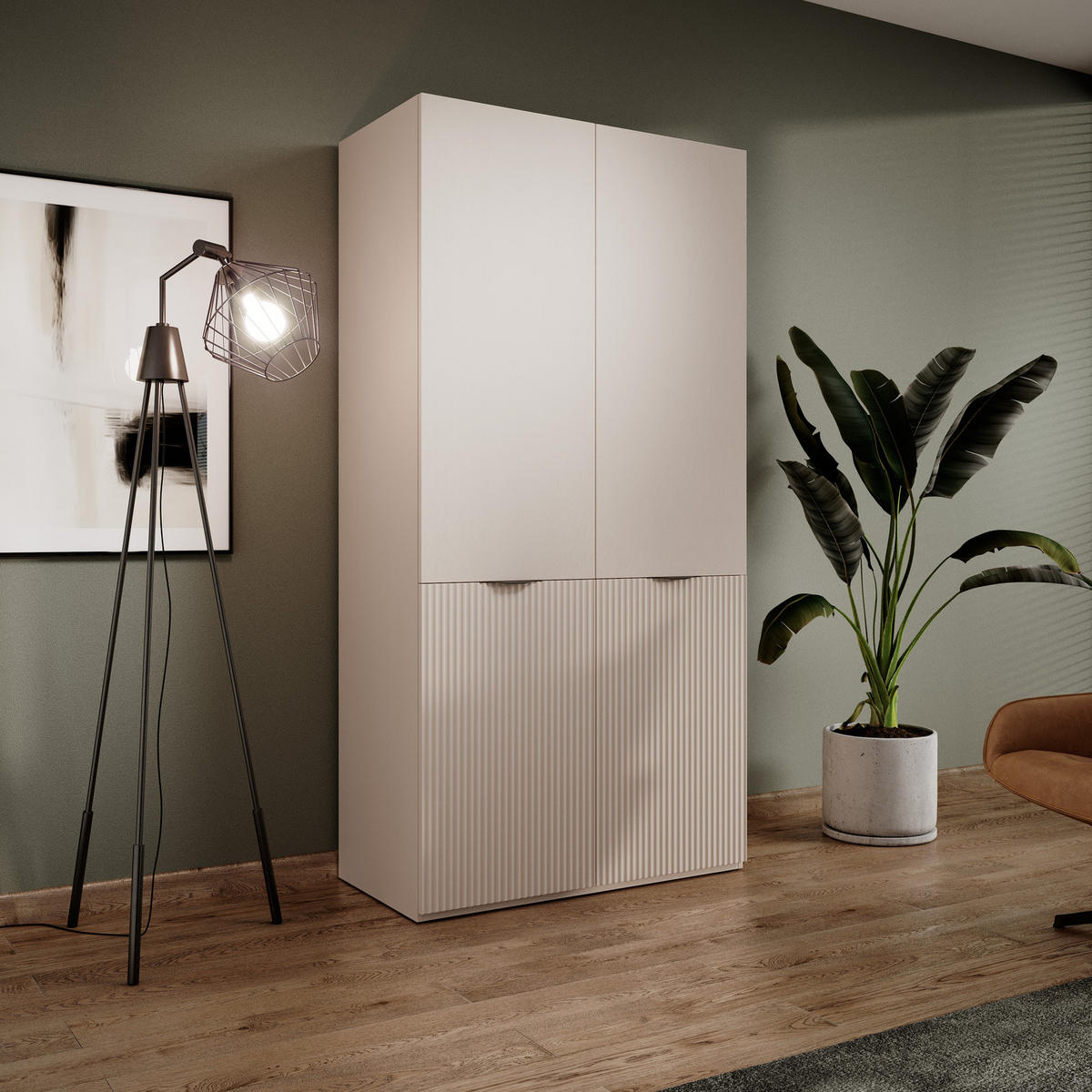 KLEIDERSCHRANK ZEN (Modular, Beige Matt, Rillenfront, 2-türig) - Beige/Schwarz, Holz/Holzwerkstoff (101/200/51cm) - Ravio