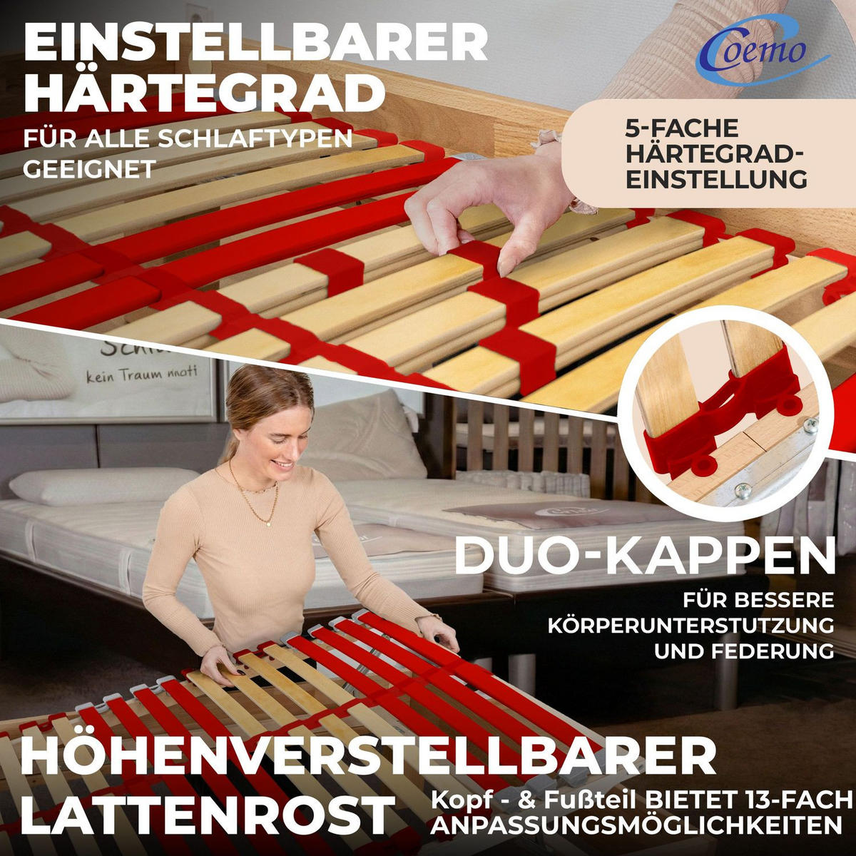 LATTENROST "RUBY" 90x200 cm mit Kopf- & Fußteilverstellung 28 Leisten - Naturfarben, Holz (90/200cm) - Coemo