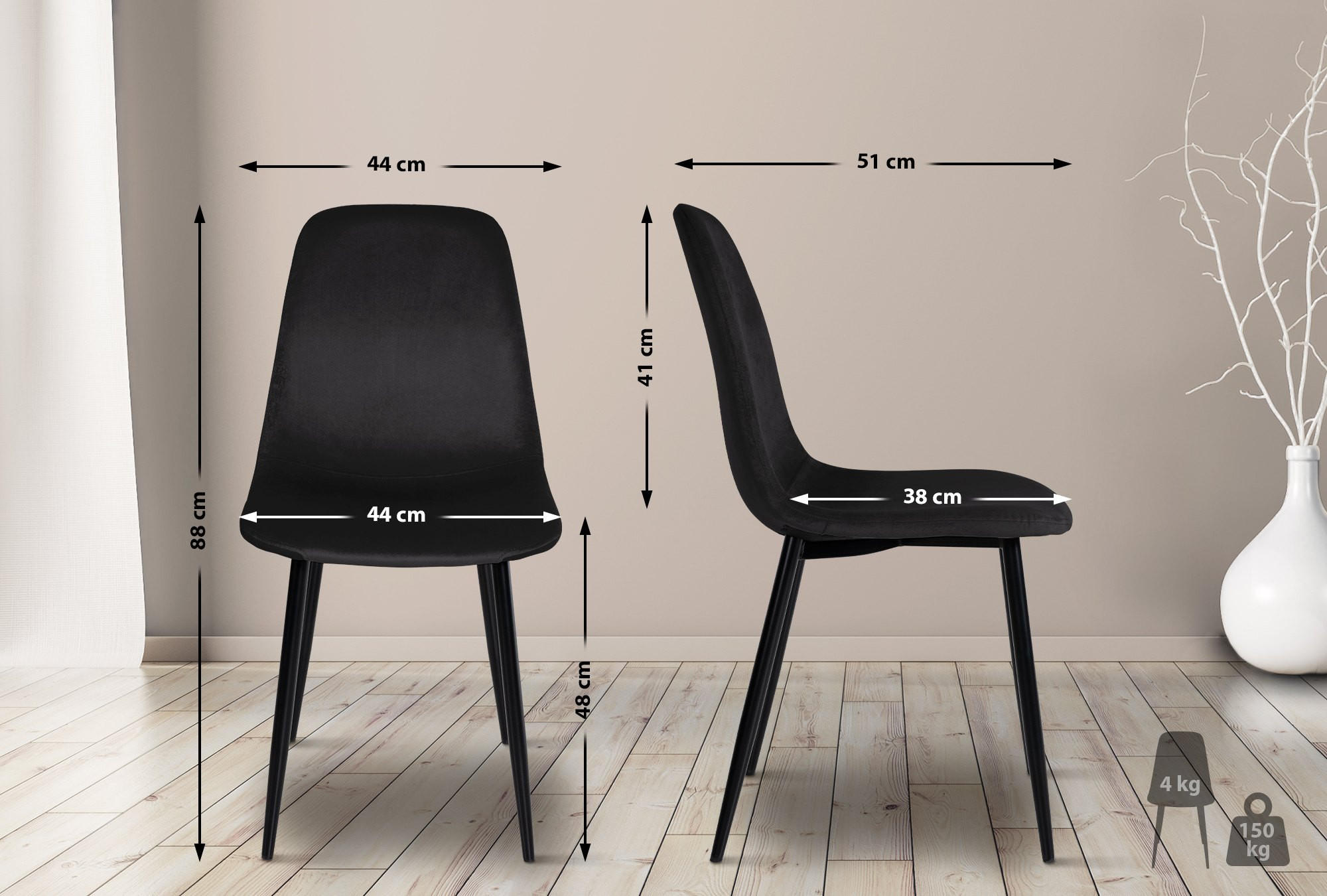 STUHL Samt Schwarz - Schwarz, Textil/Metall (44/88/51cm) - CLP