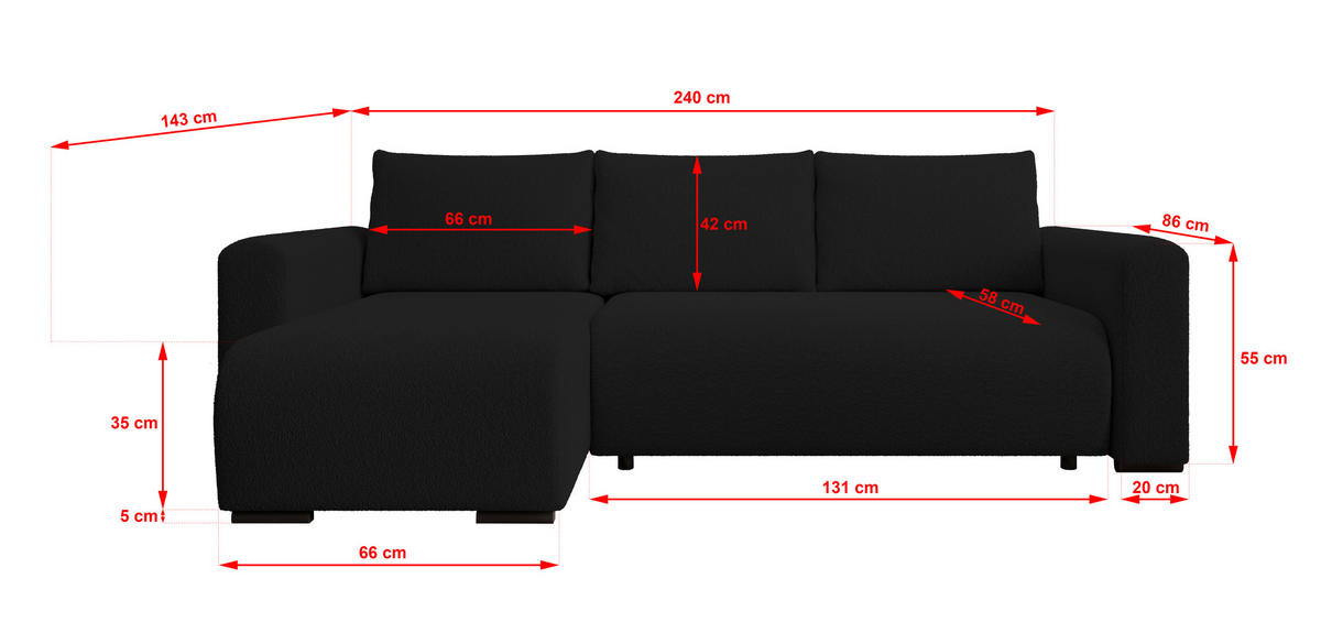 ECKSOFA DORA L, Eckcouch in L-Form mit Schlaffunktion und Bettkasten, Farbe: Schwarz, Bouclé-Stoff, Ottomane Links - Schwarz, Textil (240/143cm) - Storez24