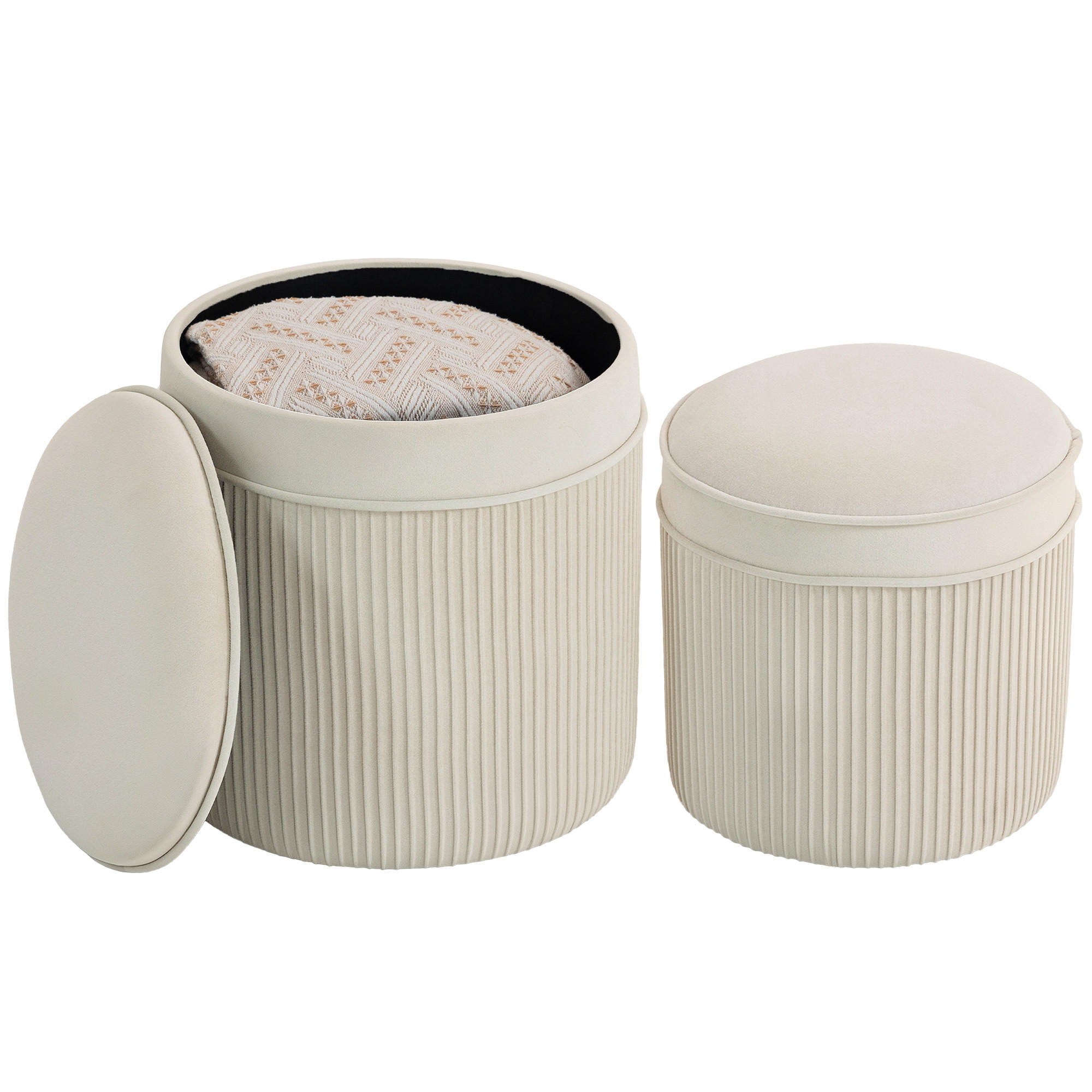 2ER SET SITZHOCKER Mit Stauraum DE-07172 plissiertes Design, samtweich Cremeweiß - Creme, Holzwerkstoff (36/41.5/36cm) - ComfortXL