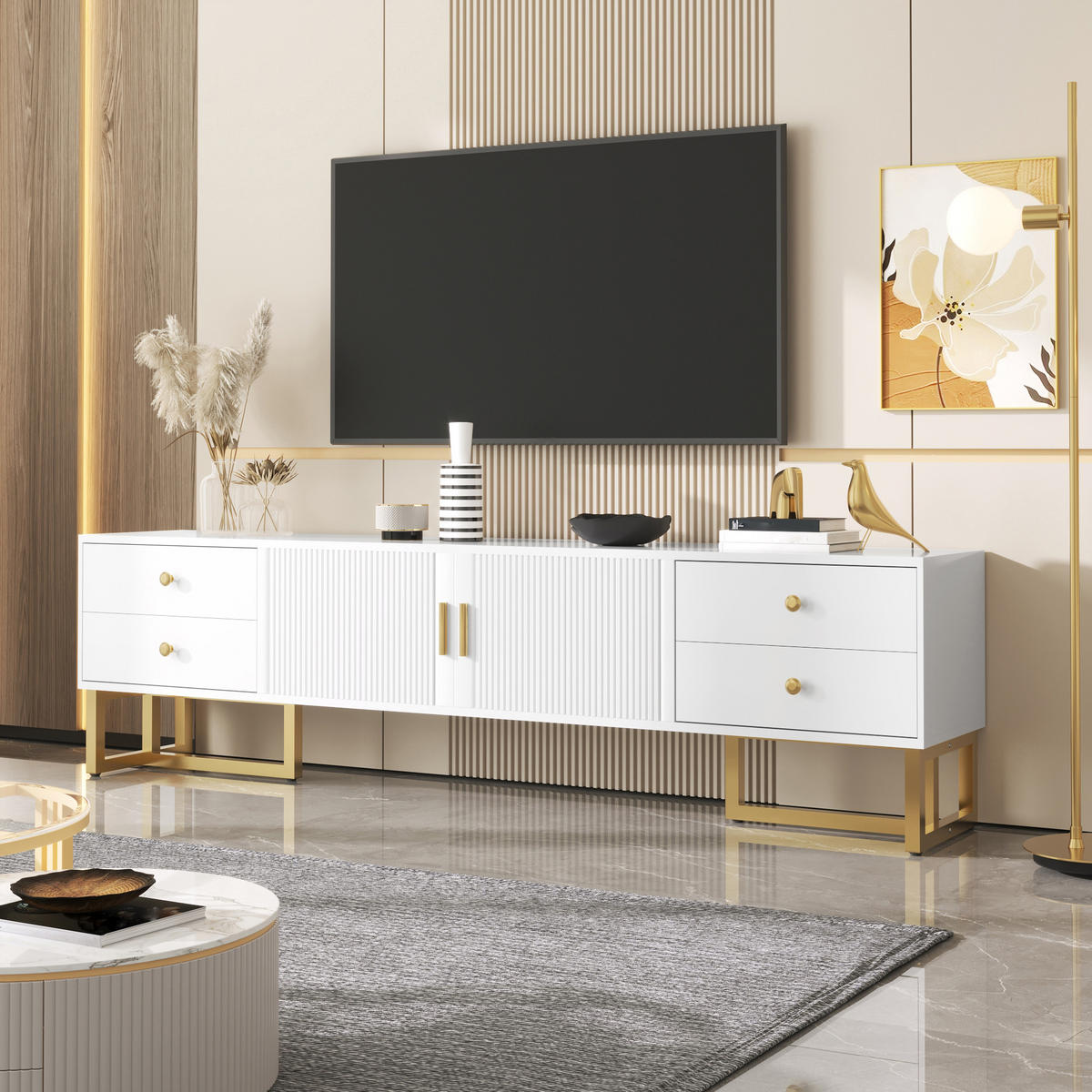 TV-ELEMENT175X30X46CM Weiß mit strukturierten Türen und goldenen Griffen - Weiß, Holz (33/19/47cm) - Raelunyi