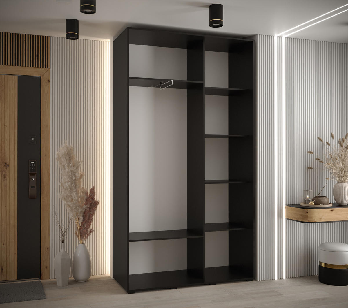 SCHWEBETÜRENSCHRANK 235,2/140/45 2-türig - Silberfarben/Schwarz, Holz/Metall (140/235/45cm) - Abiks Möbel