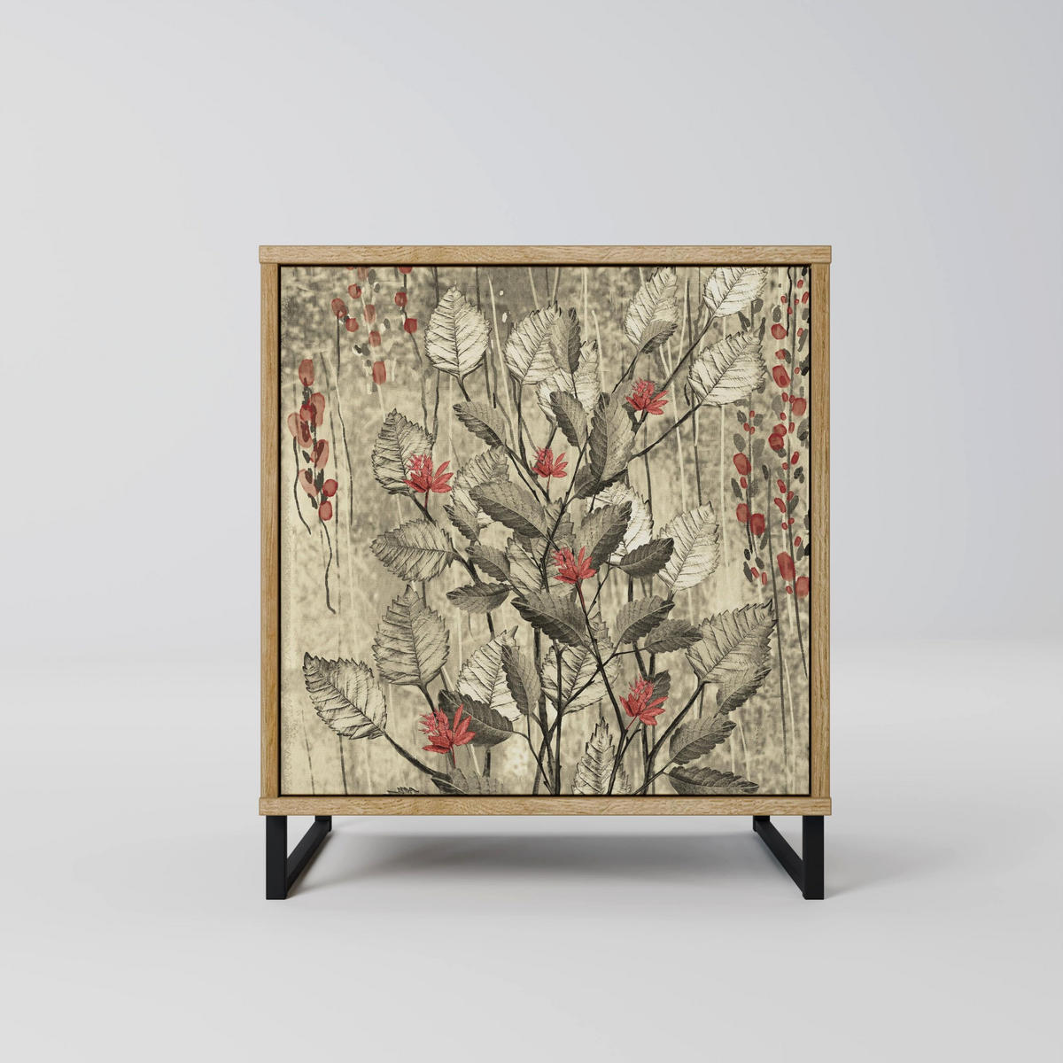 SIDEBOARD HERBAL GRACE, Eichefarben, 57,5x42x70,5 cm, Schwarze Metall-Sternfüße - Eichefarben/Multicolor, Holzwerkstoff/Metall (57.5/70.5/42cm) - SpaceRebels
