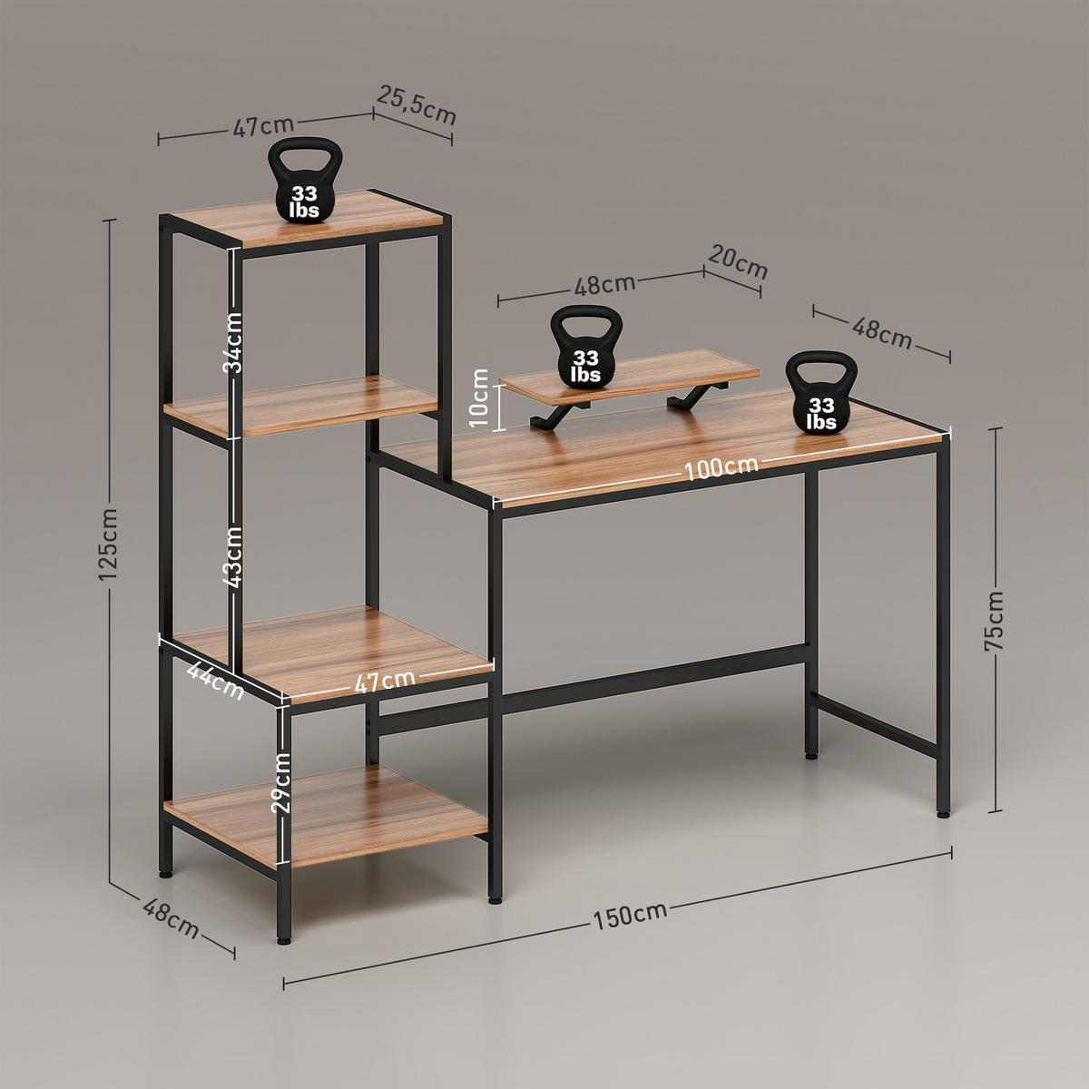 SCHREIBTISCH Computertisch mit Monitorständer, CPU-Ständer, 150 x 48 x 125 cm, Braun - Braun, Holzwerkstoff (48/150/125cm) - HOMCOM
