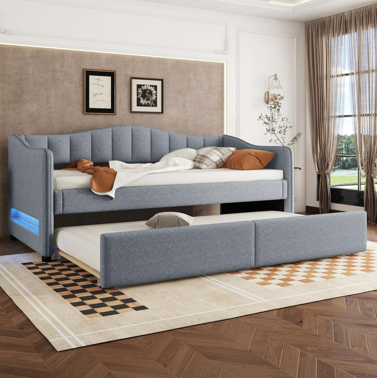 POLSTERBETT 90/200 cm Grau mit Ausziehbett und LED-Beleuchtung aus Leinen und MDF - Grau, Textil (90/200cm) - OKWISH