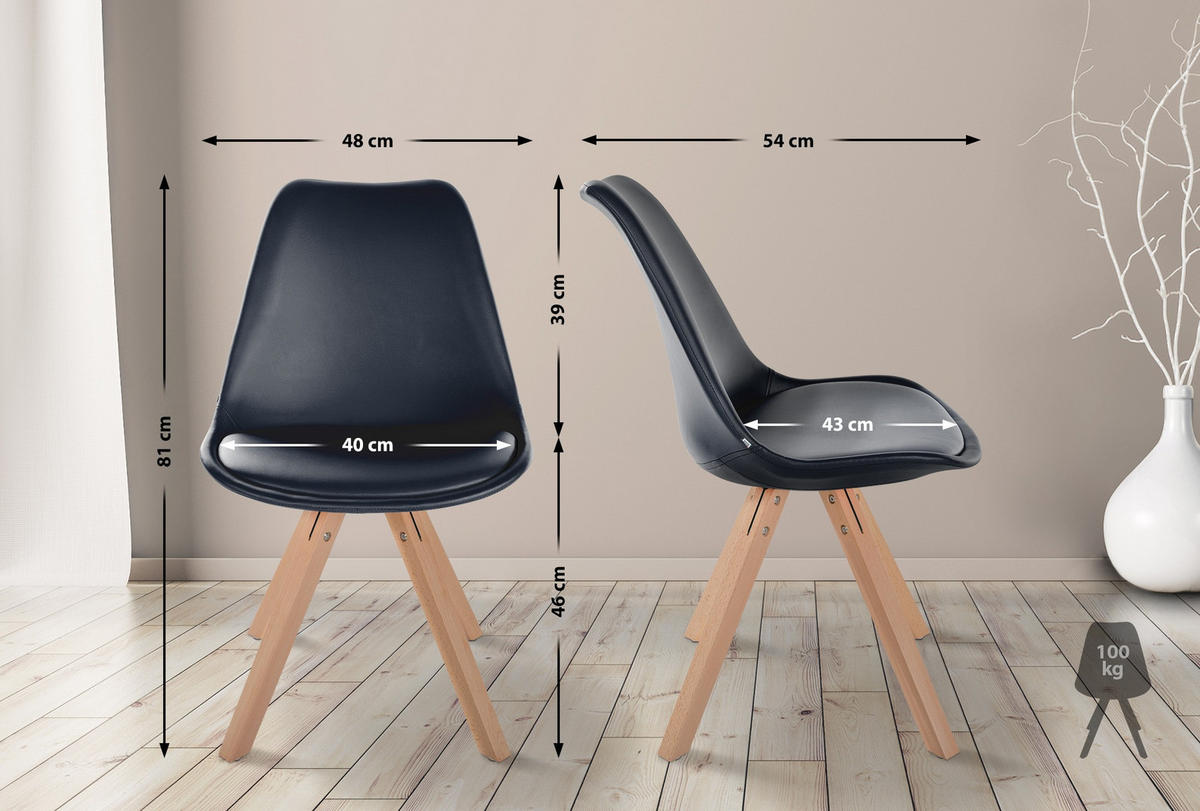 STUHL Lederlook schwarz - Schwarz/Naturfarben, Holz/Textil (48/81/54cm) - CLP